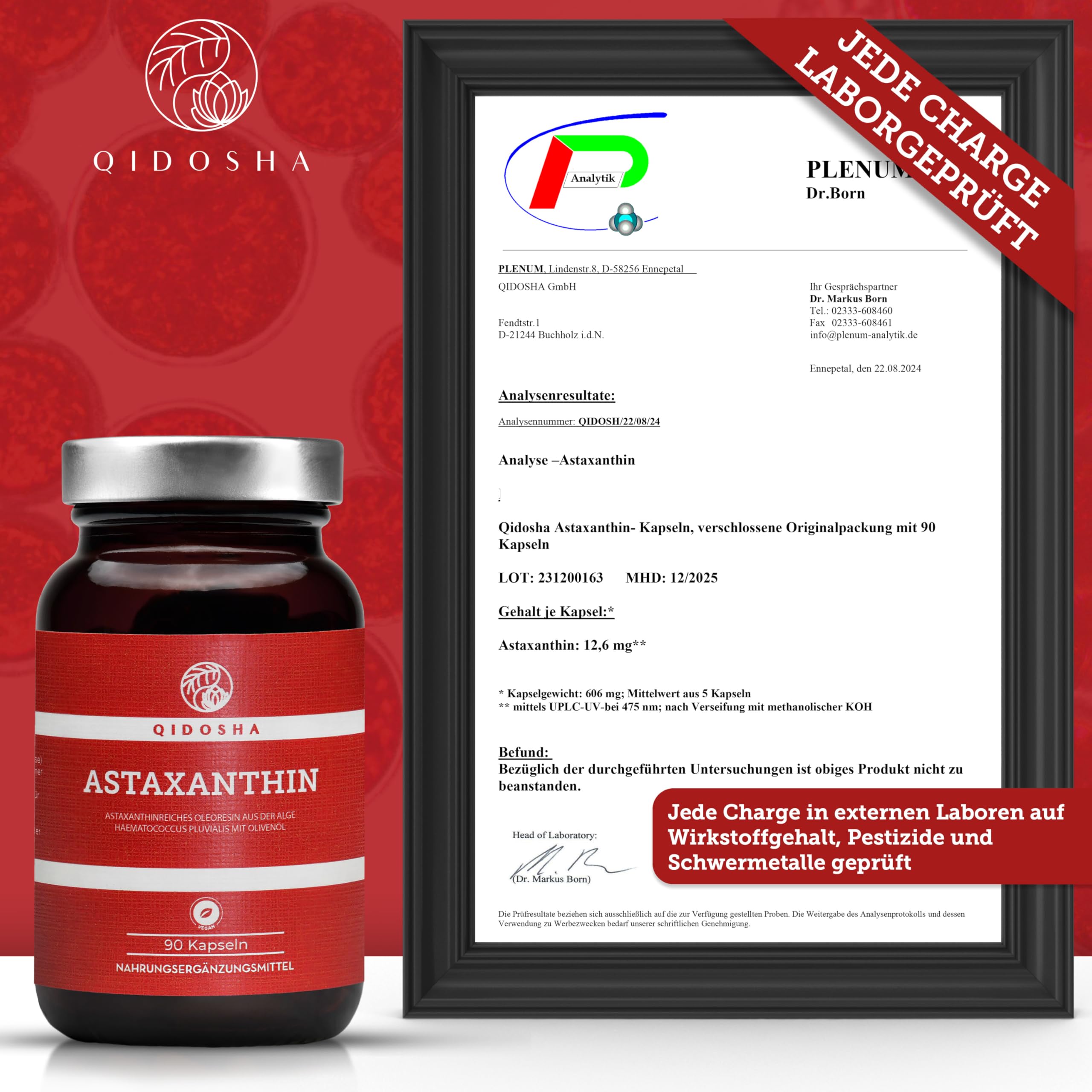 QIDOSHA® Astaxanthin 12 mg aus EU-Rohstoffen & Olivenöl, 90 vegane Kapseln im Apothekerglas, flüssiges Astaxanthin aus portugiesischer Algenzucht