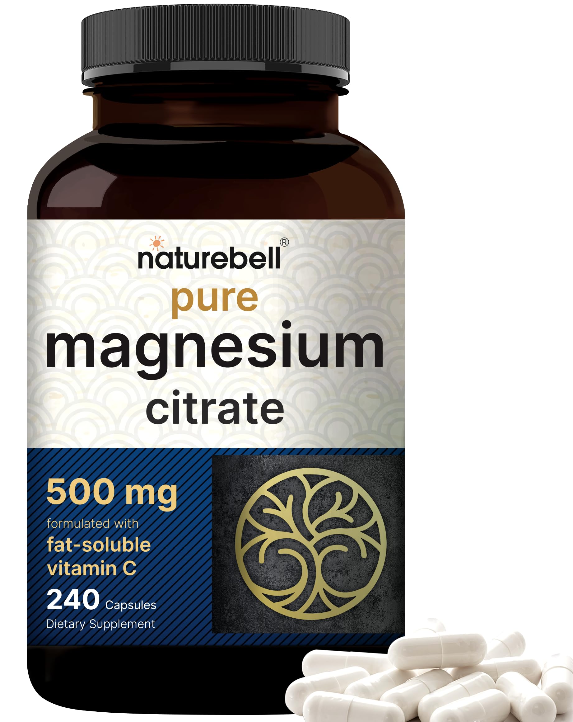NatureBell Pure Magnesium Citrate 500mg, 240 Capsules | High-Purity Elemental Form | Non-GMO, Gluten-Free