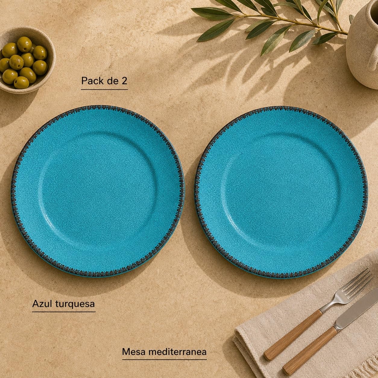 Pack 2 Platos Llanos Melamina 25,5 cm Azul Turquesa | Efecto Cerámica Artesanal Craquelado | Vajilla Ceracor Resistente a Roturas, Apta Lavavajillas