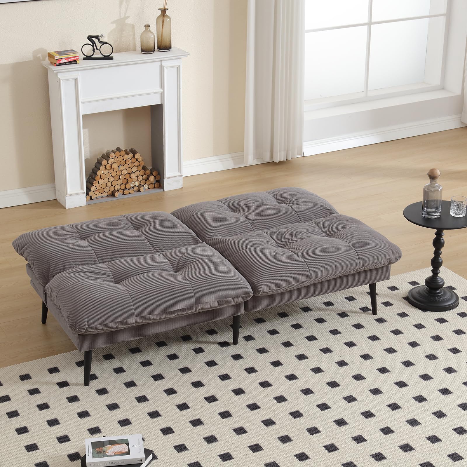 72'' Corduroy Futon Convertible Sofa Couch,Comfy Sleeper Sofa Bed with Adjustable Backrest, Modern Futon Loveseat for Living Room, Bedroom, Office, Apartment, Dorm, White (Gray)