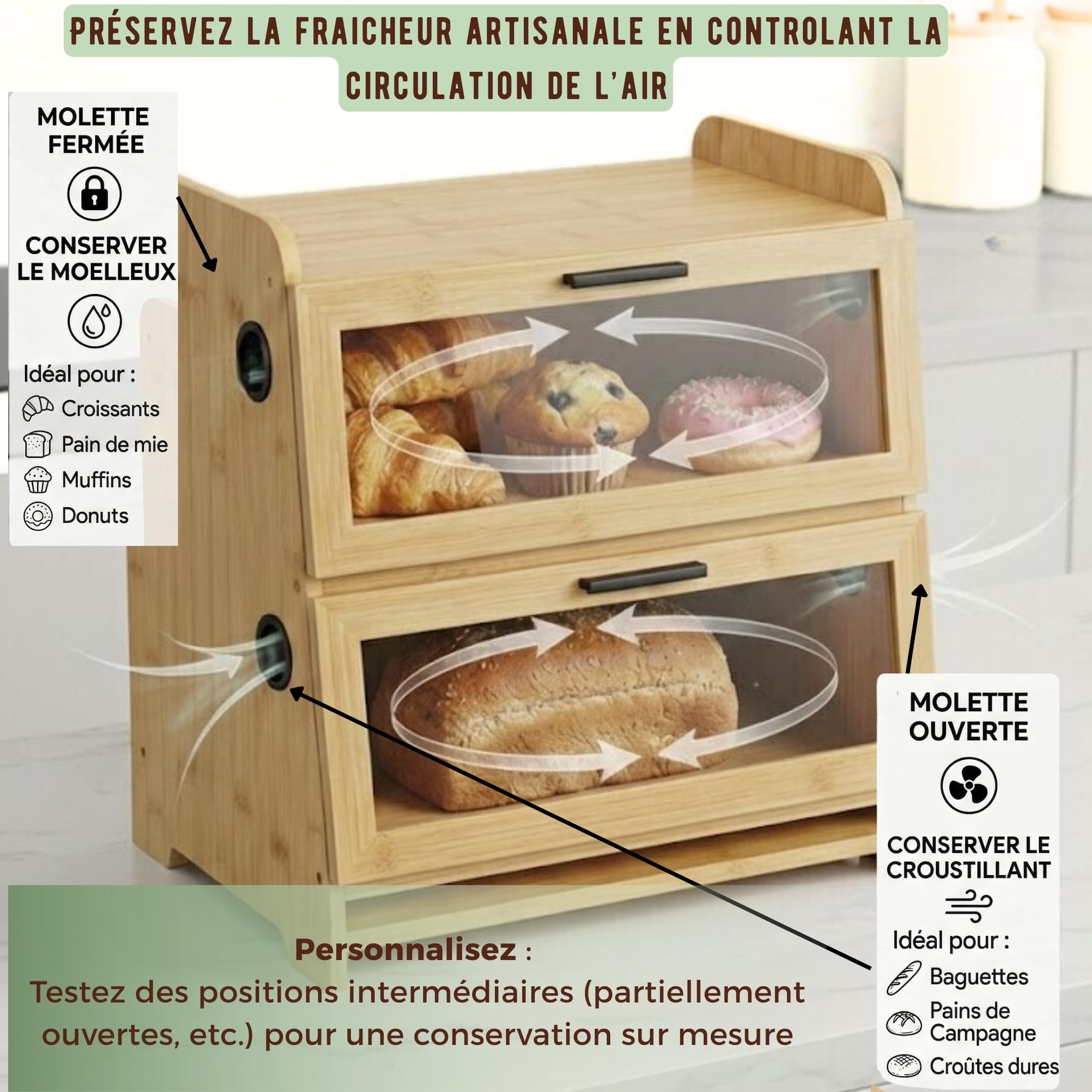 SWAYN - Caja de pan de bambú con certificación FSC - Hucha para pan de 2 pisos, ventilación ajustable para prolongar la frescura, tabla integrada, almacenamiento optimizado para conservación de pan