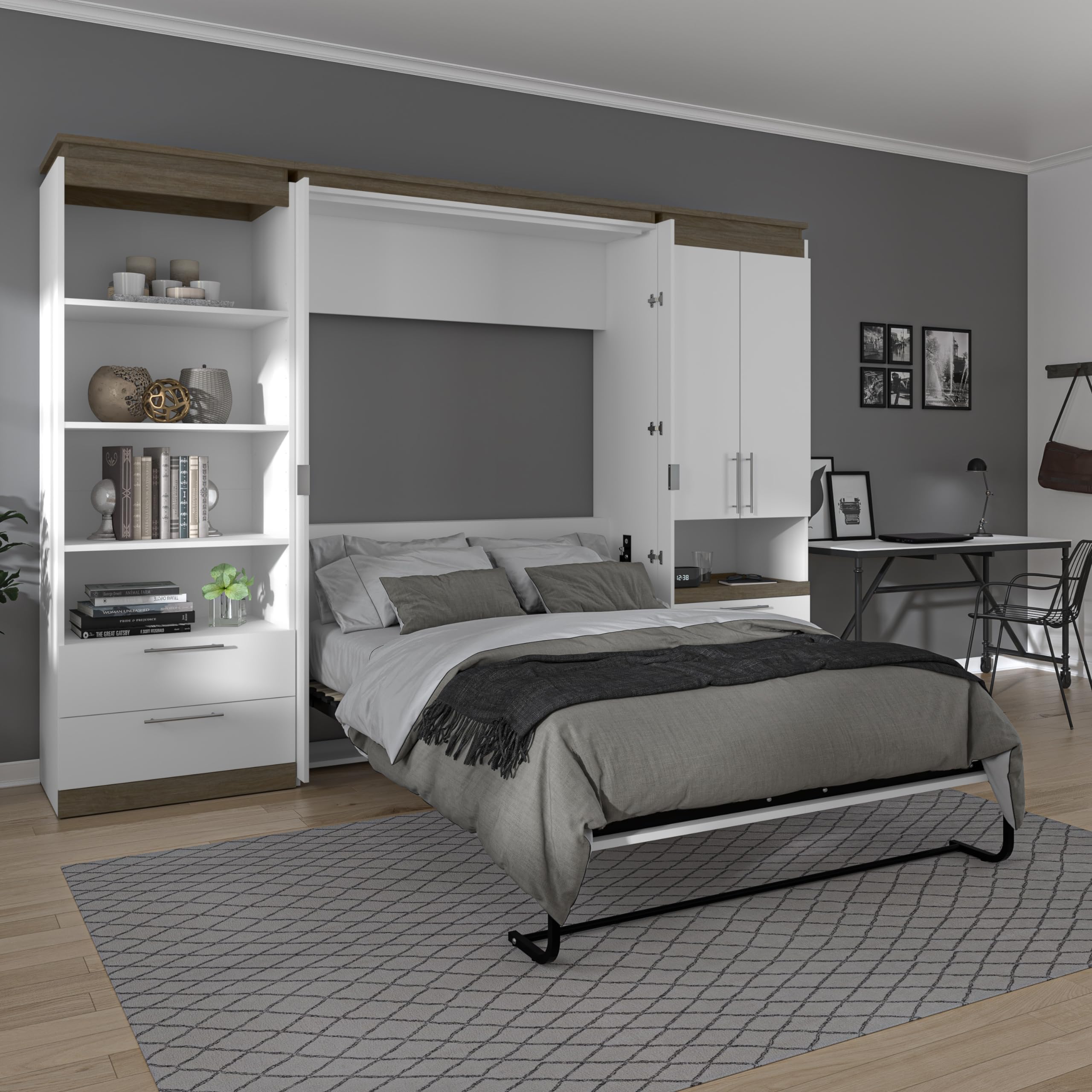 Bestar Orion Full Murphy Bed and Multifunctional Storage with Drawers, White & Walnut Grey