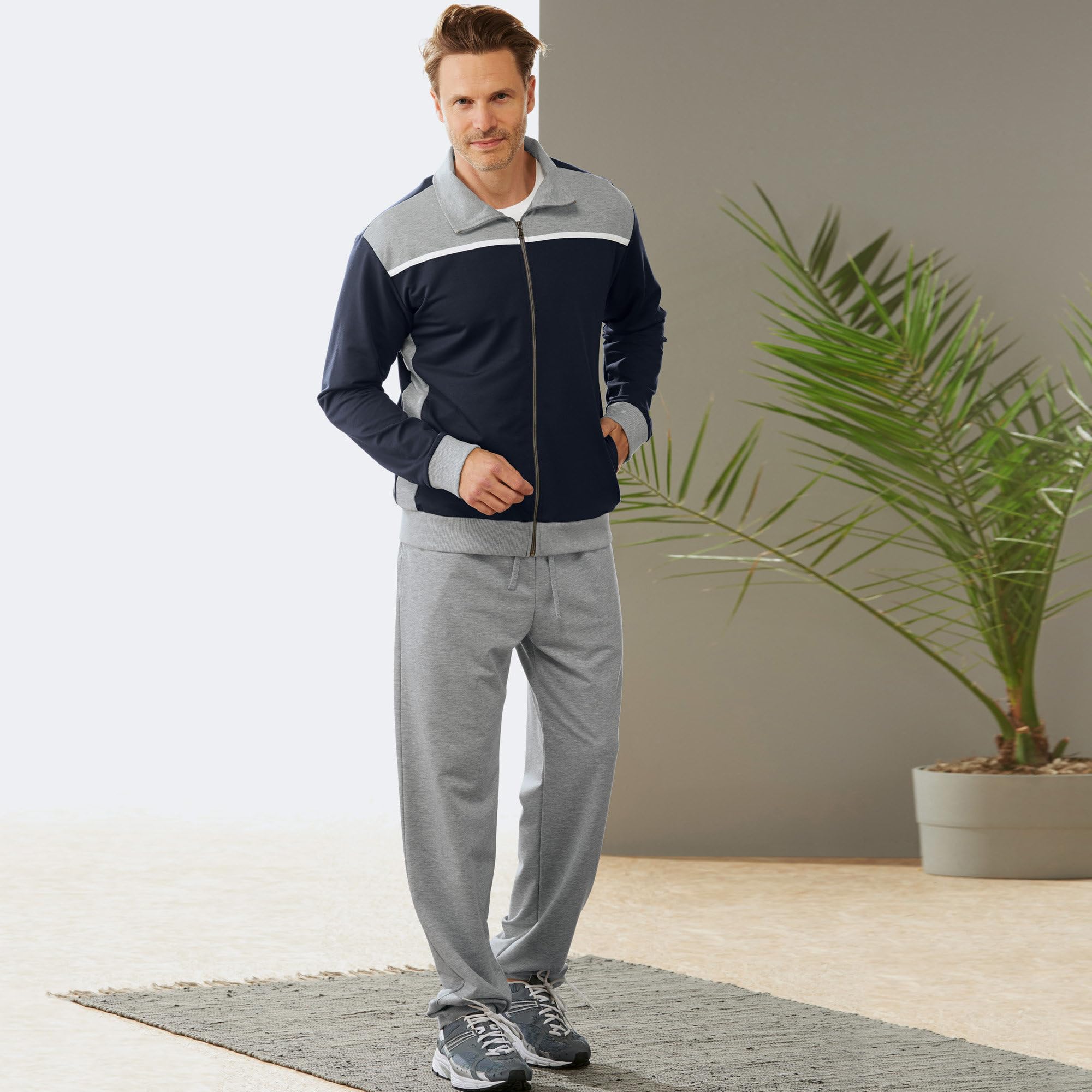 Erwin Müller Herren Freizeitanzug, Jogginganzug, Hausanzug mit Bindeband Single-Jersey - mit Gummibund und Bindeband, seitliche Eingriffstaschen, weich und elastisch