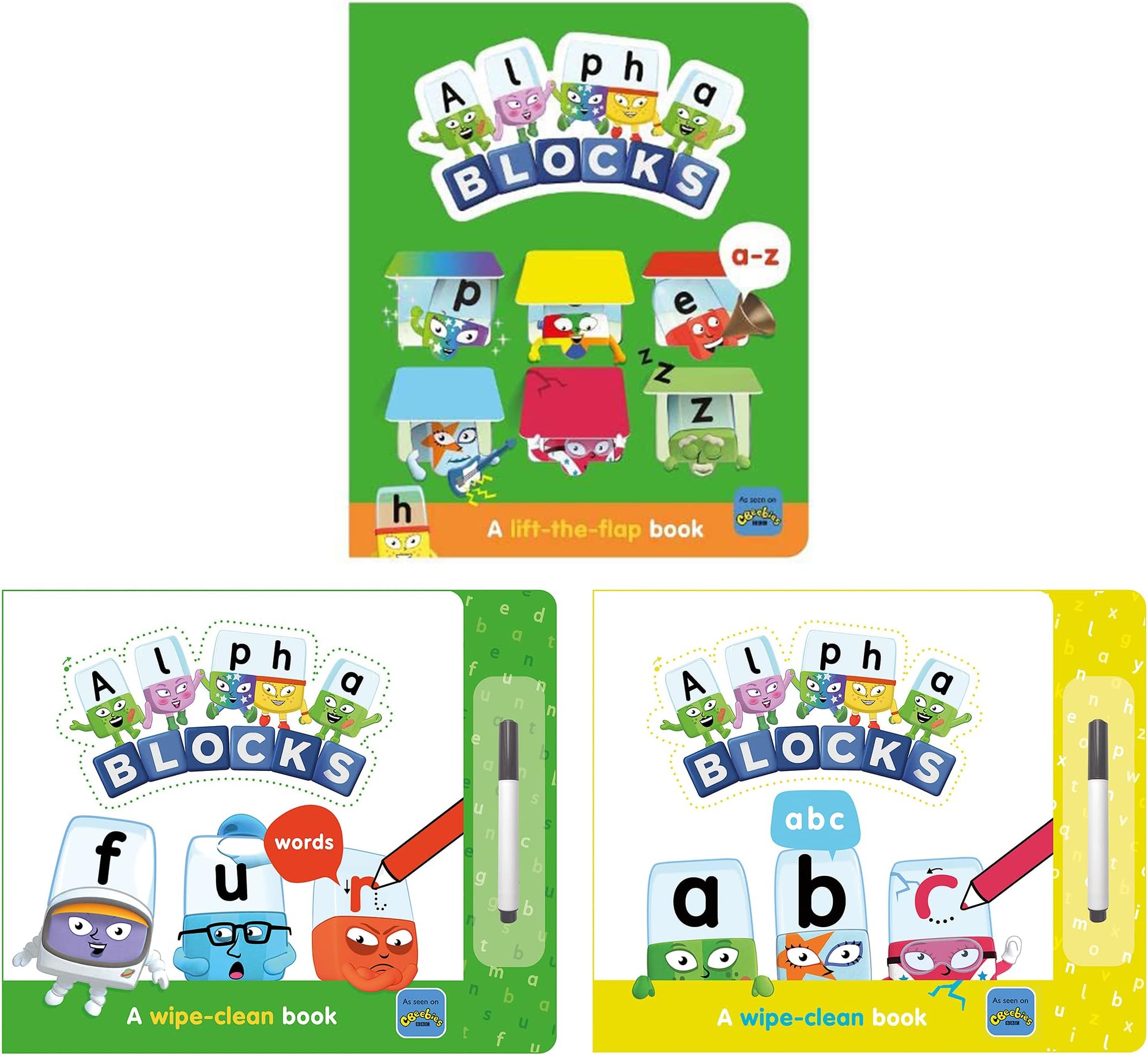 Alphablocks Series 3 Books Collection Set (Alphablocks A-Z Phonics Activities: A Lift the Flap Book, Alphablocks Words: A Wipe-Clean Book & Alphablocks ABC: A Wipe-Clean Book)
