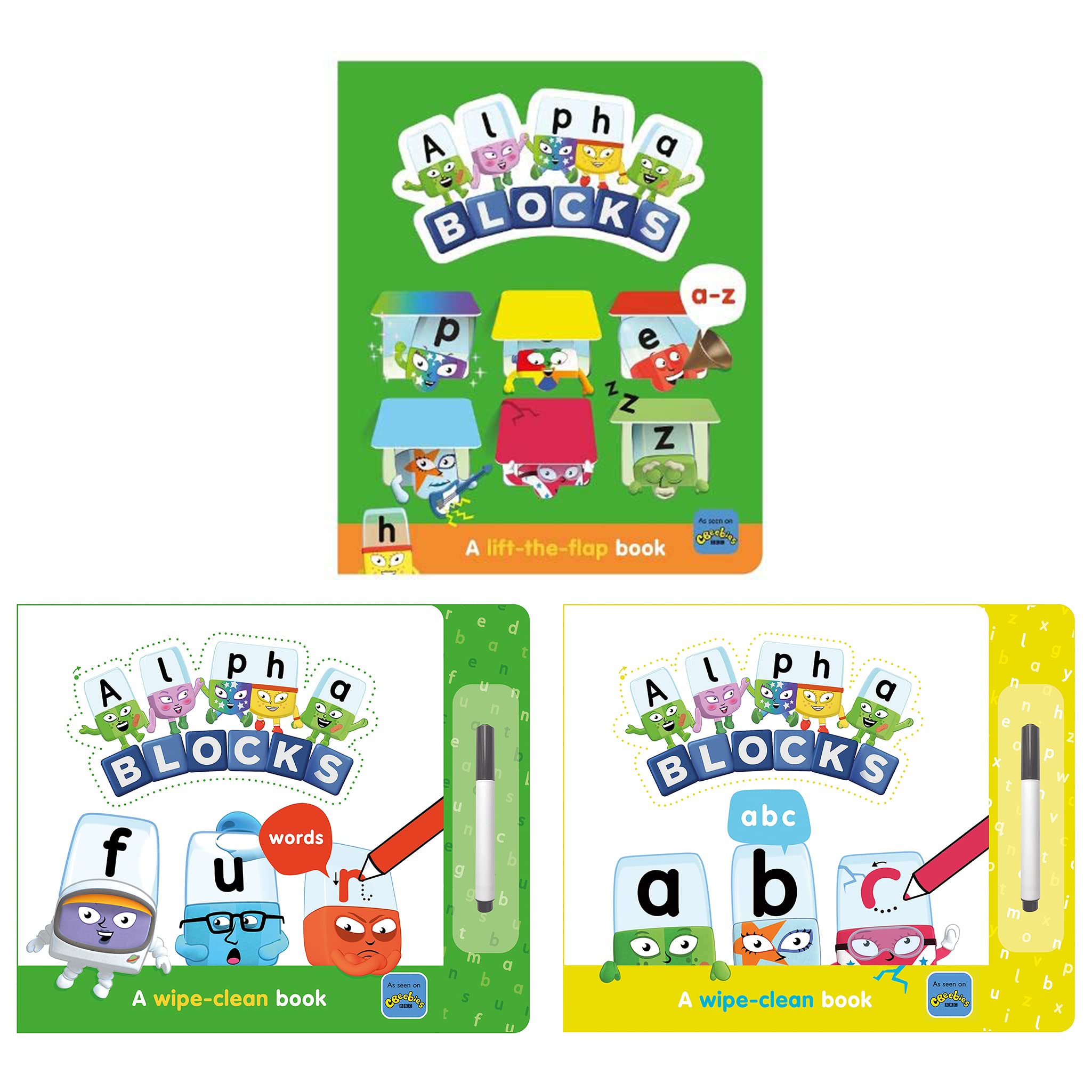 Alphablocks Series 3 Books Collection Set (Alphablocks A-Z Phonics Activities: A Lift the Flap Book, Alphablocks Words: A Wipe-Clean Book & Alphablocks ABC: A Wipe-Clean Book) Board book – 1 Jan. 2021