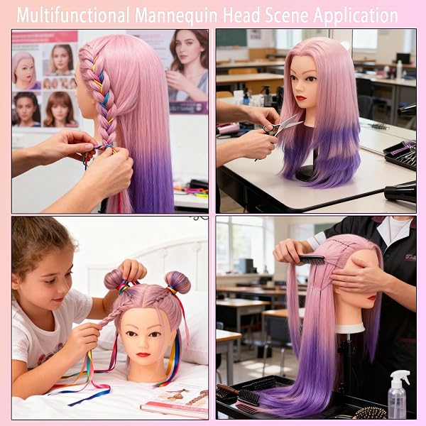 Cabeza de Maniquí de Peluquería, TopDirect 29"/75cm Cabeza Maniquí 100% de Cabello Sintética Cabeza de Muñeca para Peinar y Maquillar Practicas Formación con Soporte de Mesa y Accesorios(Rosa Violeta) - 4