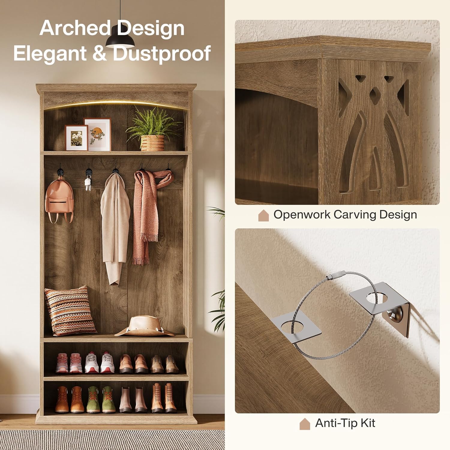 Tribesigns Hall Tree with Bench and Shoe Storage, 71" Entryway Bench with Coat Rack, 4-in-1 Entryway Hall Tree with 5 Hooks, 2-Tier Storage Shelf and Top Shelf for Hallway, Living Room, Bedroom, Brown