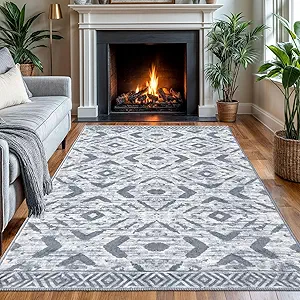KILOCOCO Area Rug 4'x6' Entryway Rug Washable Bedroom Rugs Non Slip Boho Low-Pile Brown Soft Rugs for Kitchen Living Room Dining Geometric Moroccan Carpet, Grey White