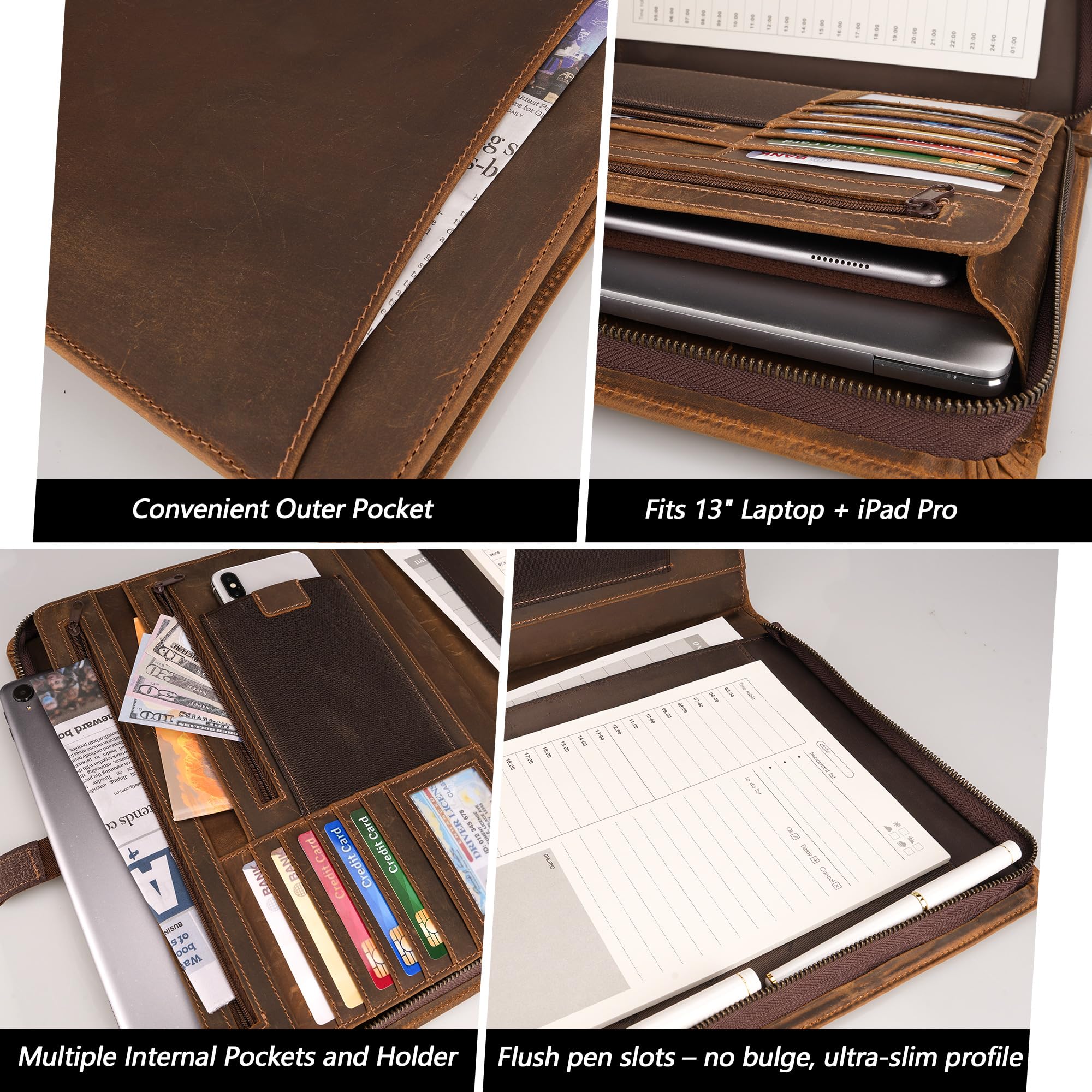 JinRuiKJ Carpeta de cuero para hombres, carpeta de negocios para A4/bloc, organizador de carpetas de cuero con soporte para bloc de notas, ranuras para tarjetas, lazo para bolígrafo, 10 x 13 pulgadas,