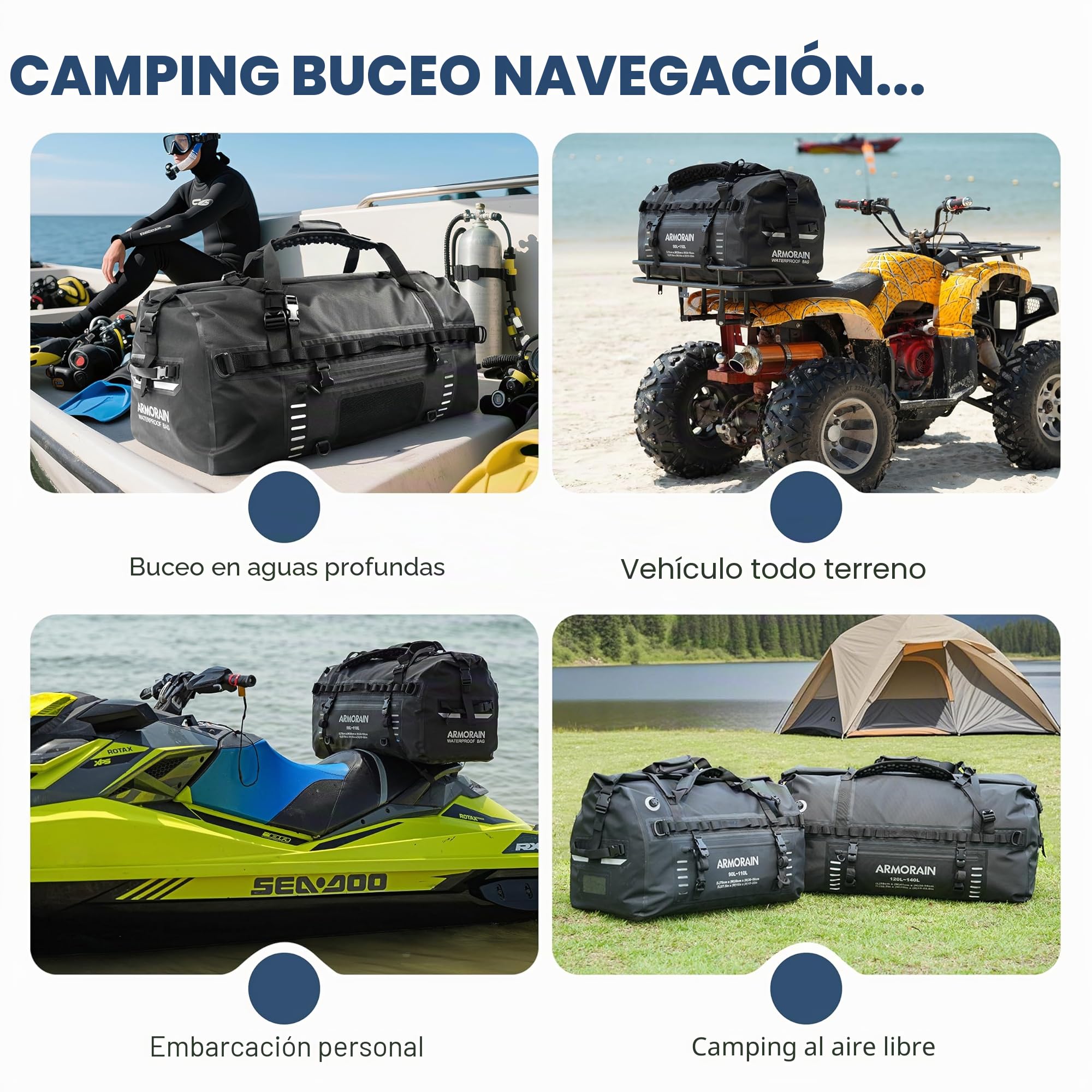 Bolsa de viaje impermeable hermética de gran capacidad ARMORAIN de 90L-110L, equipada con correas para el hombro inflables duraderas y asas, adecuada para equipos de buceo, motocicletas, remo, kayak
