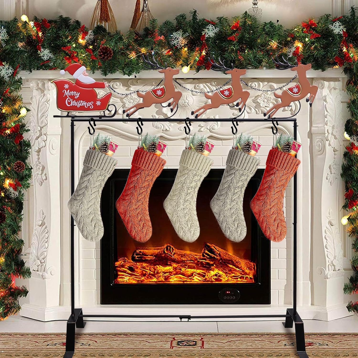 YEAHOME Christmas Stocking Holder Stand, Merry Christmas Metal Freestanding Stocking Hanger with Santa Claus Reindeer, 5 Hooks Stocking Stand for Xmas Decorations Indoor Home Living Room Fireplace Santa Claus with Reindeer Sleigh Car