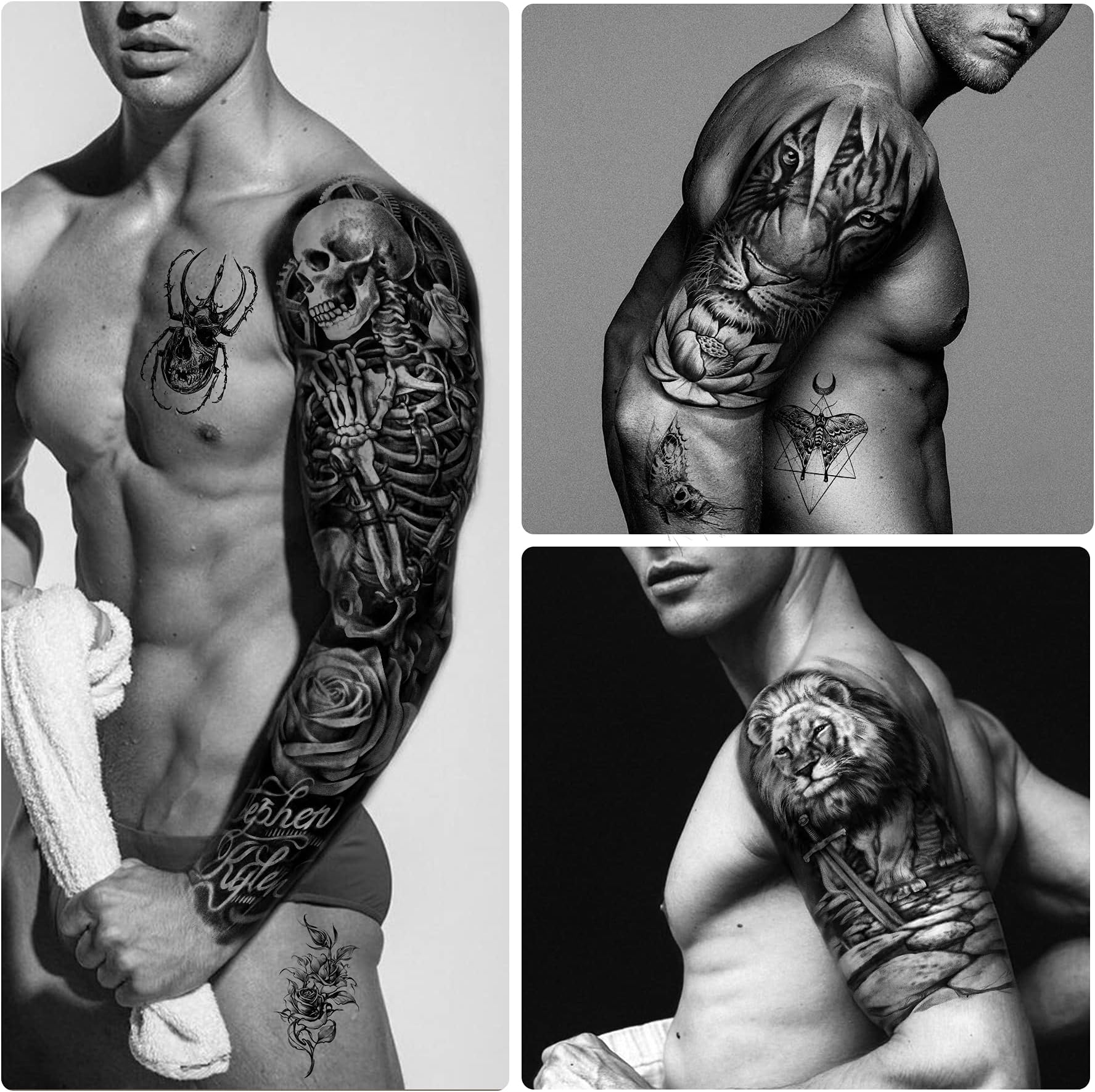 46 sheets Full Arm Skull Temporary Tattoos For Men Half Arm Shoulder Angel Tattoo for Ladies Fake Waterproof Wolf Lion Stone Tattoo Stickers For Adult or Kids