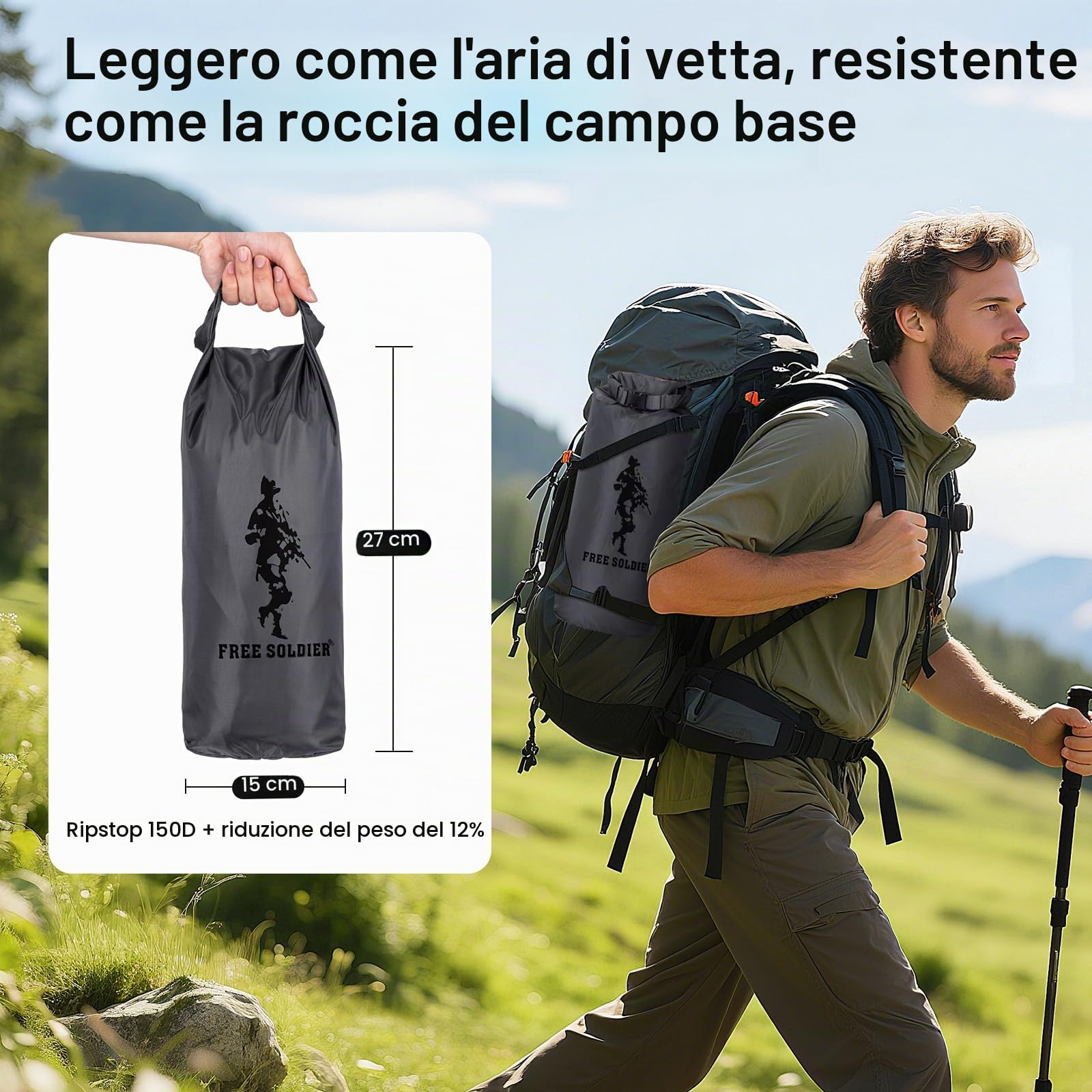 FREE SOLDIER Telo da campeggio impermeabile Tenda amaca grande Telo Telone portatile Tettoia anti-UV Riparo Blocco parasole Tendalino per campeggio Escursionismo Viaggiare(Grigio, Con chiodi)