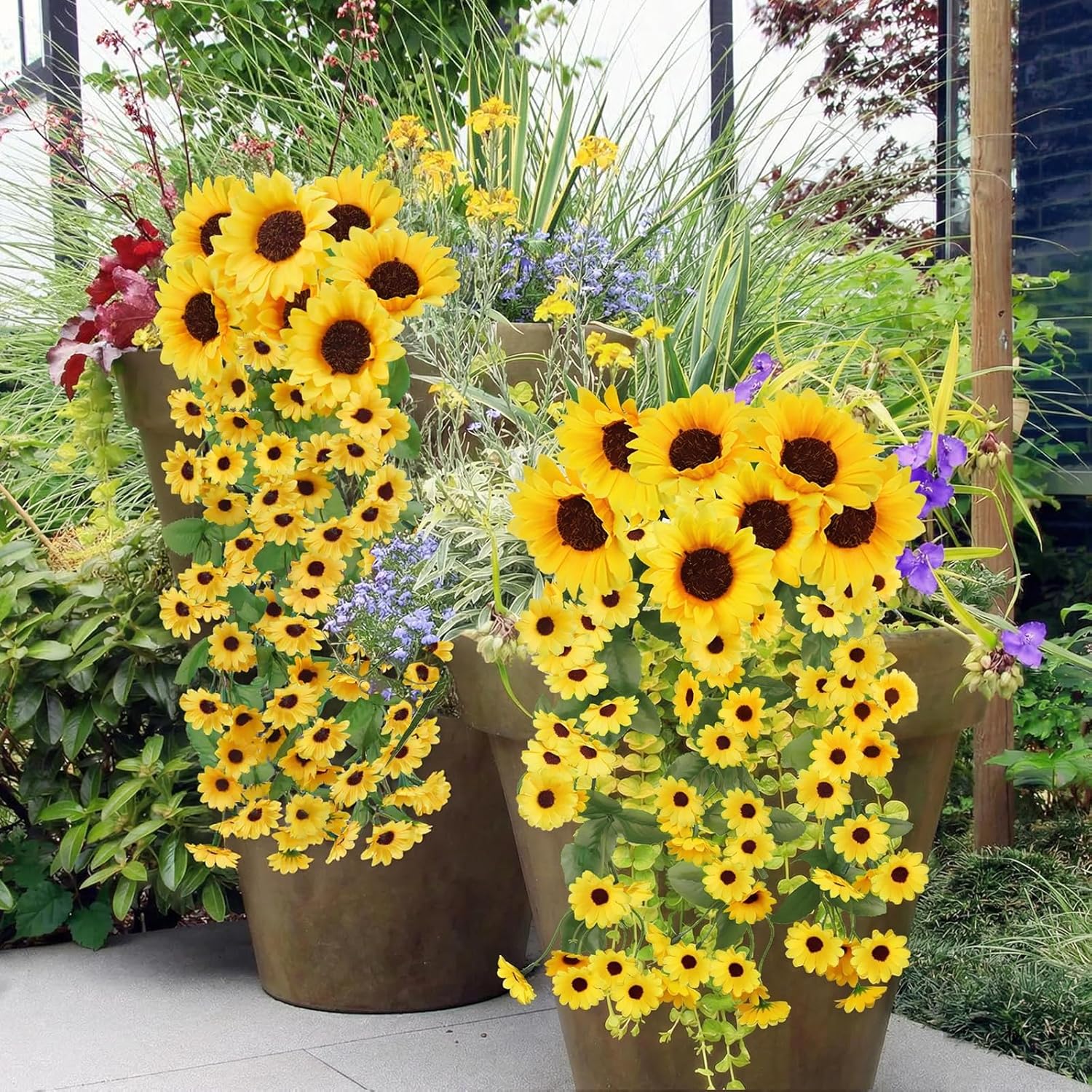 4PCS 188 Sunflowers Artificial Flowers for Outdoors, Fake Hanging Flowers Spring Summer UV Resistant Silk Sunflowers for Spring Porch Garden Home Patio Outside