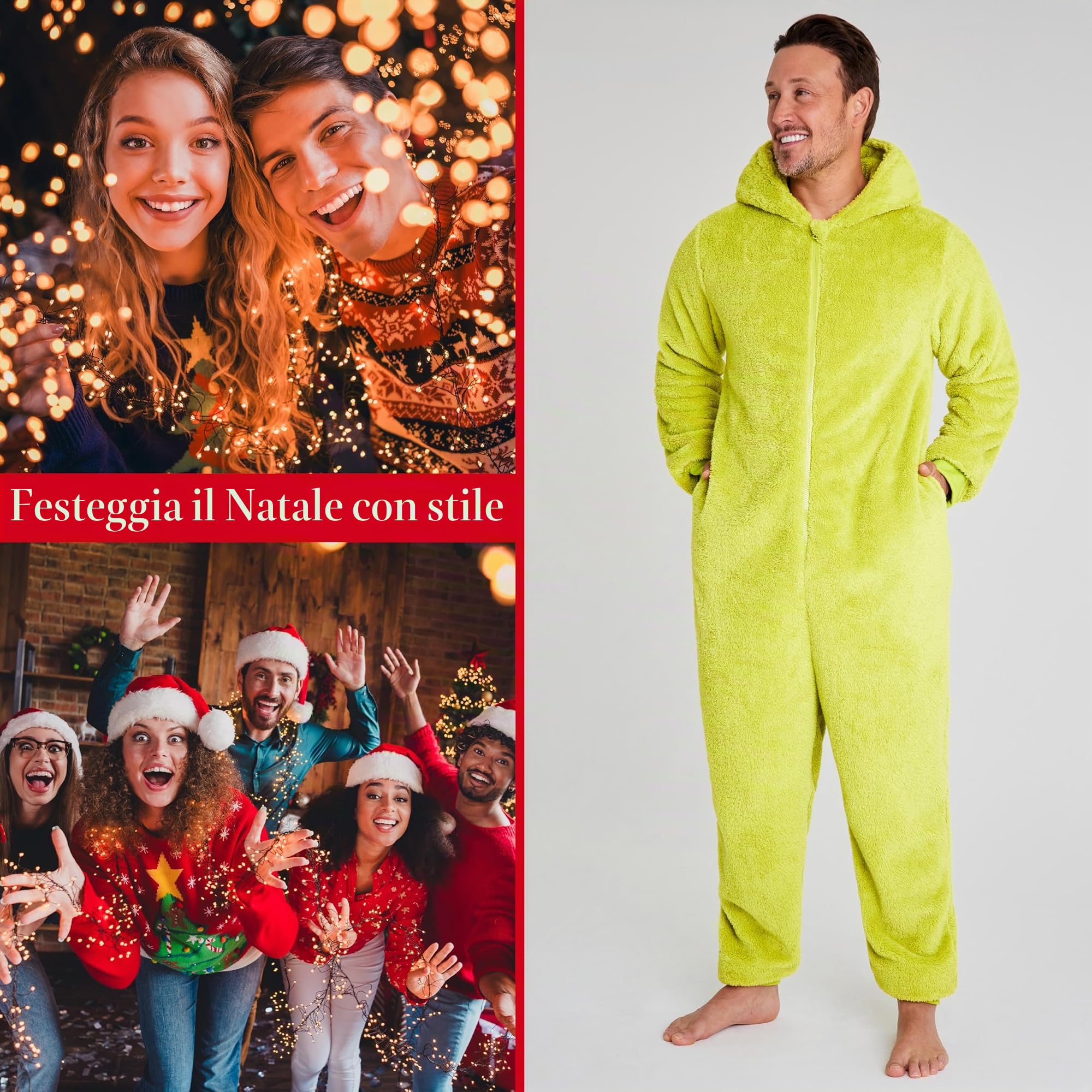 The Grinch Pigiama Intero Adulti Bambini, Famiglia Corrispondente Tuta Intera Cappuccio Cappello Babbo Natale, Regali Natalizi