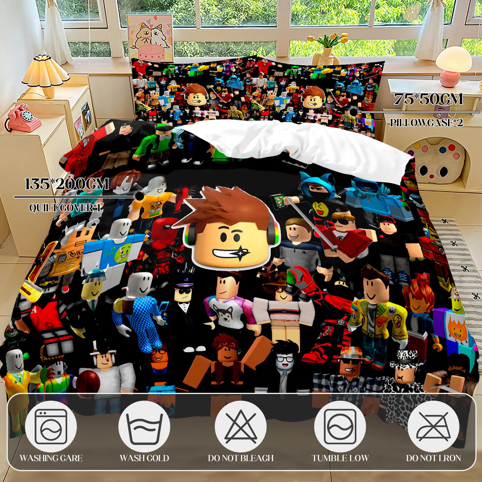 PQKL-party Set copripiumino Roblx, copripiumino Roblx (set biancheria da letto Rblox, 1 copripiuminos 135 x 200 cm, 2 federe 75x50 cm)