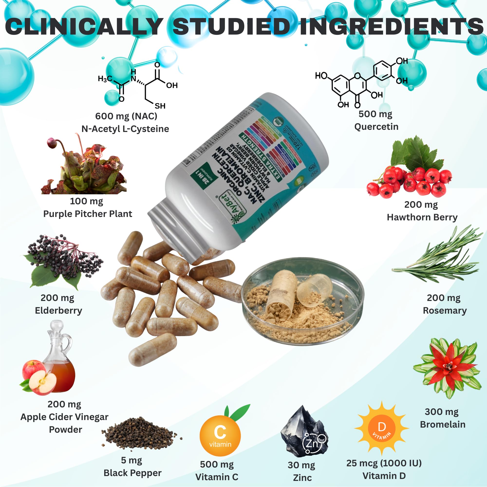 NAC-n-acetyl cysteine- Quercetin Zinc Bromelain Supplement | Extra Strength with Vit C, D3, Apple Cider Vinegar, Elderberry, Hawthorn Berry, Turmeric | Immune Support|120 Vegan Capsules | USDA Organic — Amazon image 5