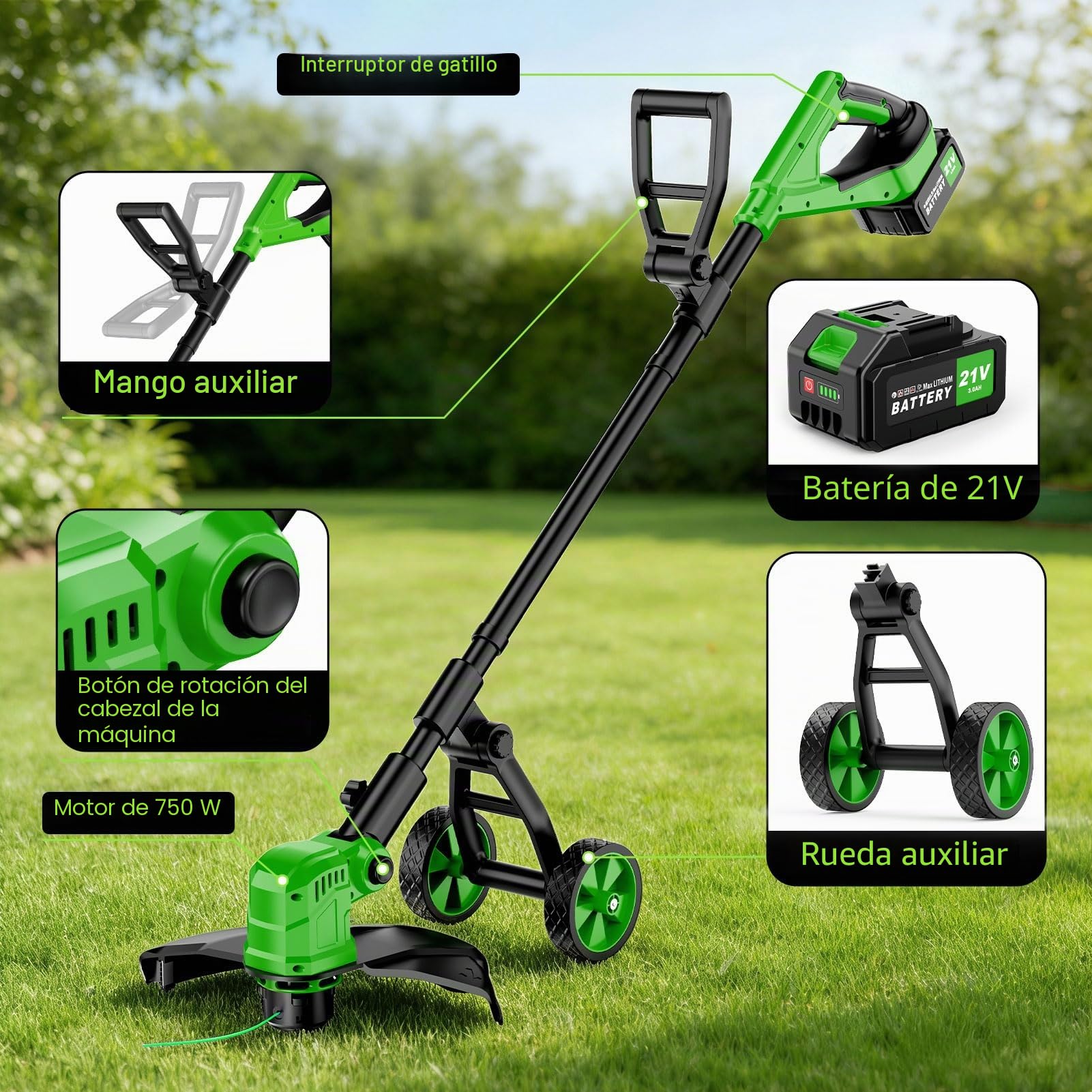 Desbrozadora Bateria con Ruedas,36CM Desbrozadora Electrica con 2 * 3.0 Ah Baterías,800W Motor sin Escobillas,4-in-1 Cortadora de Césped con 8 Bobinas de Repuesto para Jardín y Césped