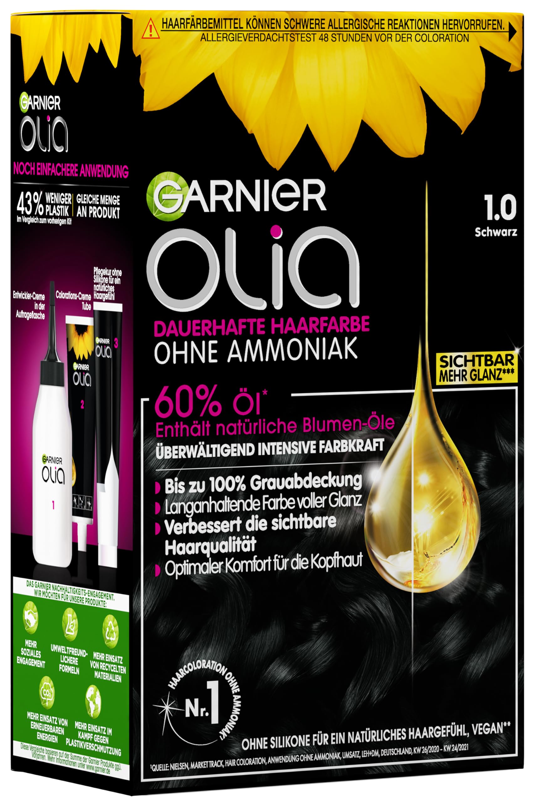Garnier Olia Dauerhafte Haarfarbe 1.0 Schwarz, ohne Ammoniak, permanente Coloration, bis zu 100% Grauabdeckung, langanhaltende Farbe bis zu 8 Wochen, intensiver Glanz, 3 x 1 Stück