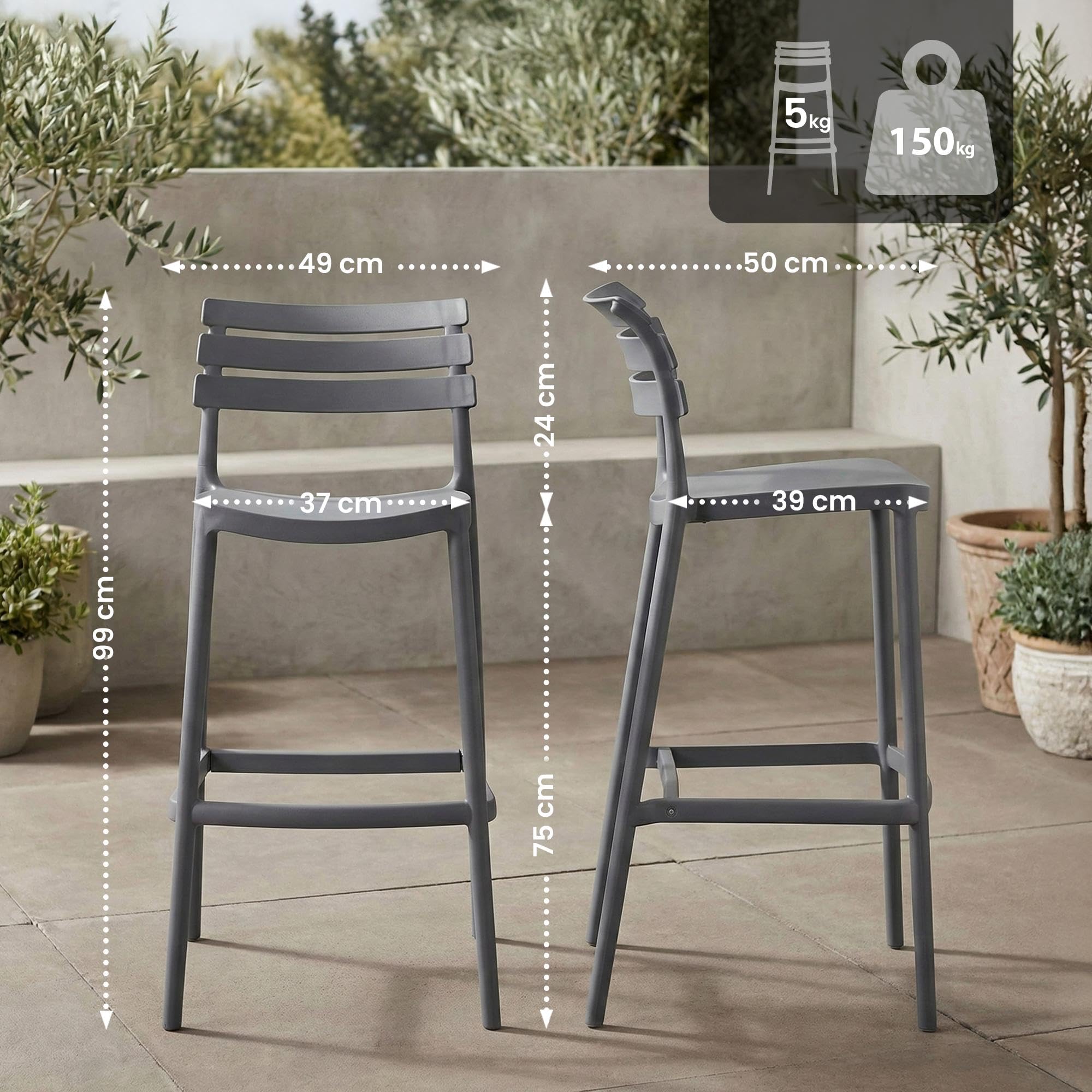 CLP Sgabello Alto con Schienale Rafan, Sgabello da Esterno in Plastica Resistente UV, 150 kg, Grigio Scuro