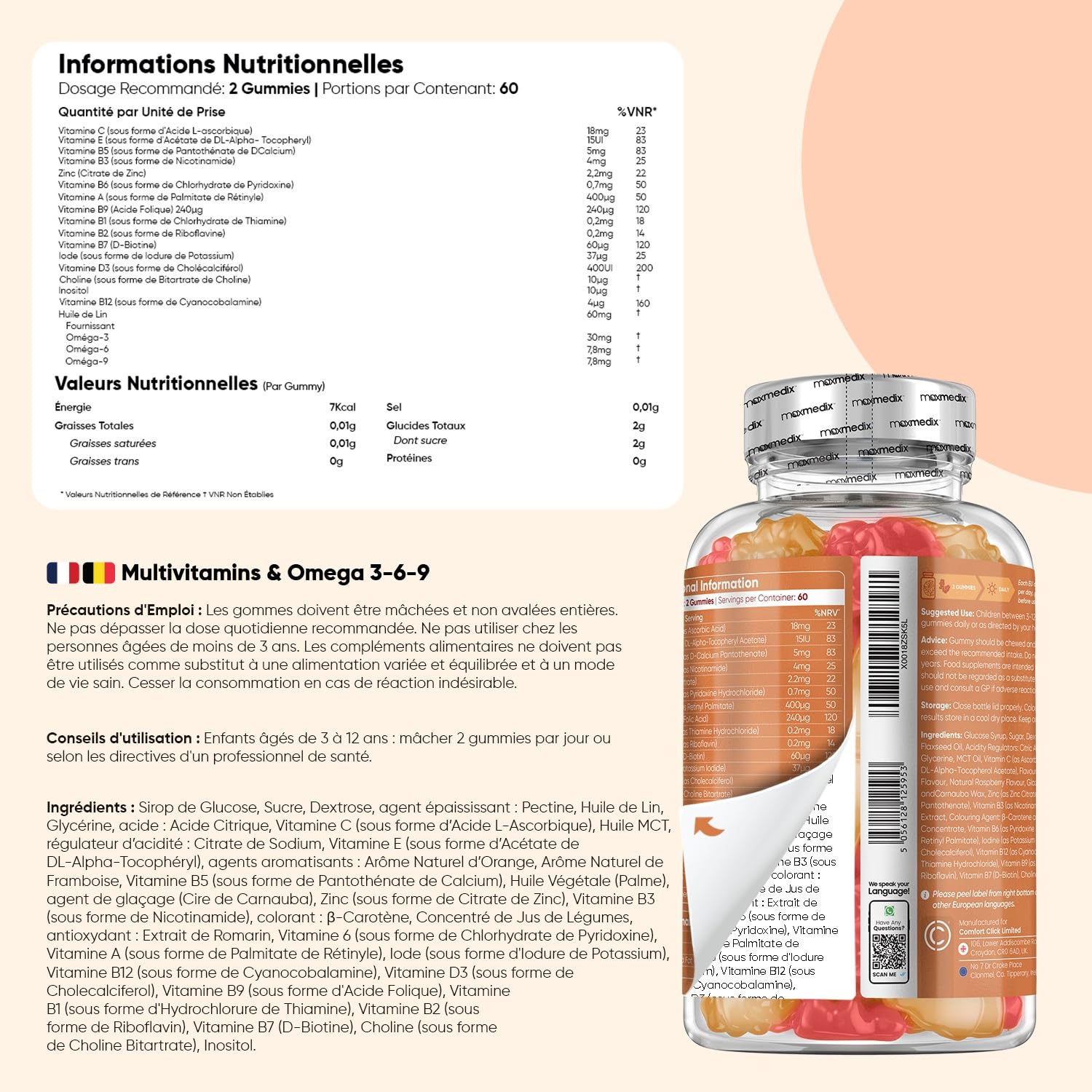 Vitamine Enfant Gummies dès 3 Ans - Multivitamines avec Oméga 3 6 9, Fer avec Vitamine C & Calcium et Vitamine D Enfant Gummies