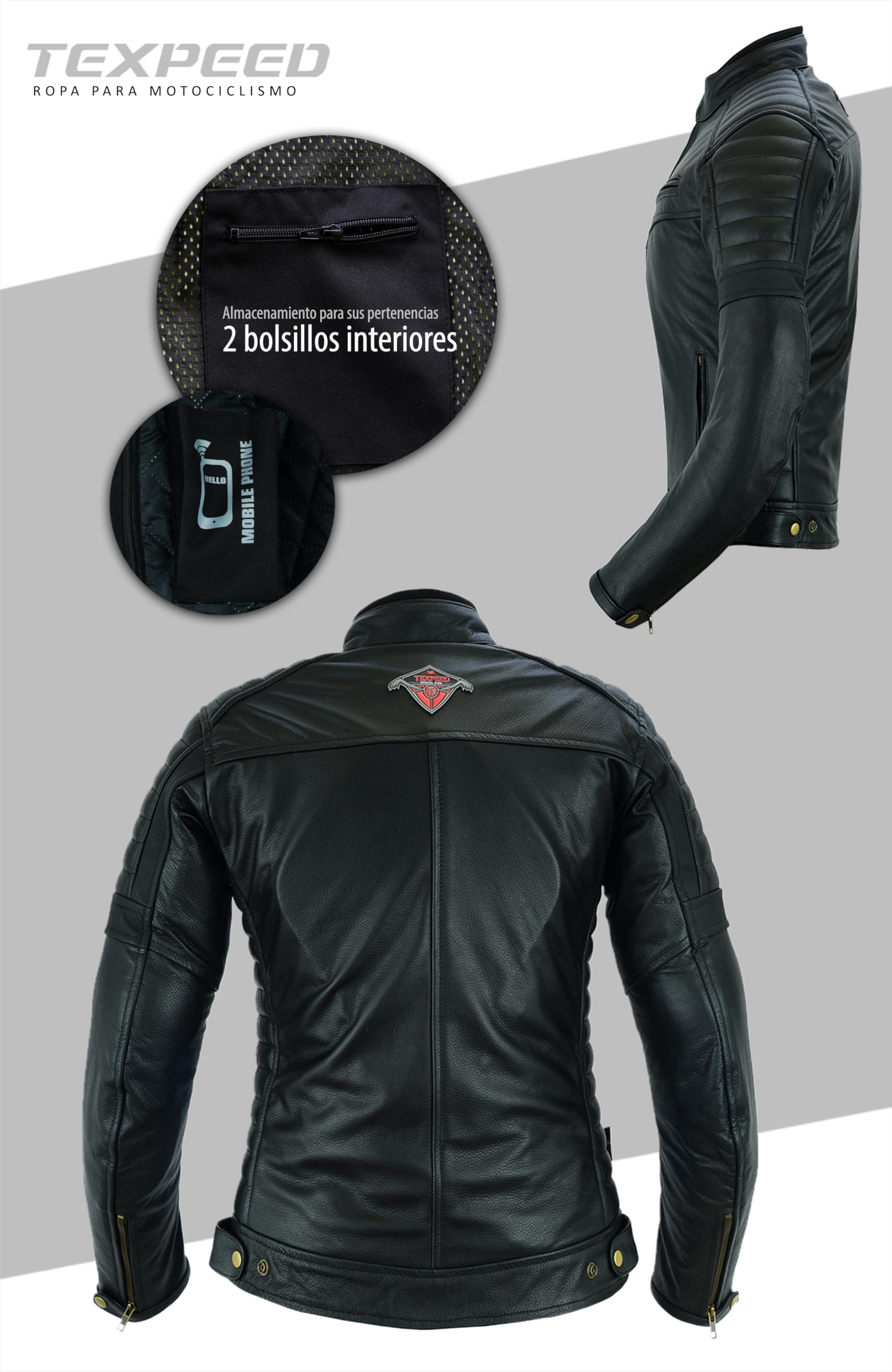 Texpeed Chaqueta de moto de cuero para mujer - Chaqueta de moto de turismo con protección de armadura CE original para motociclista (EN 1621-1) Negro - XXL