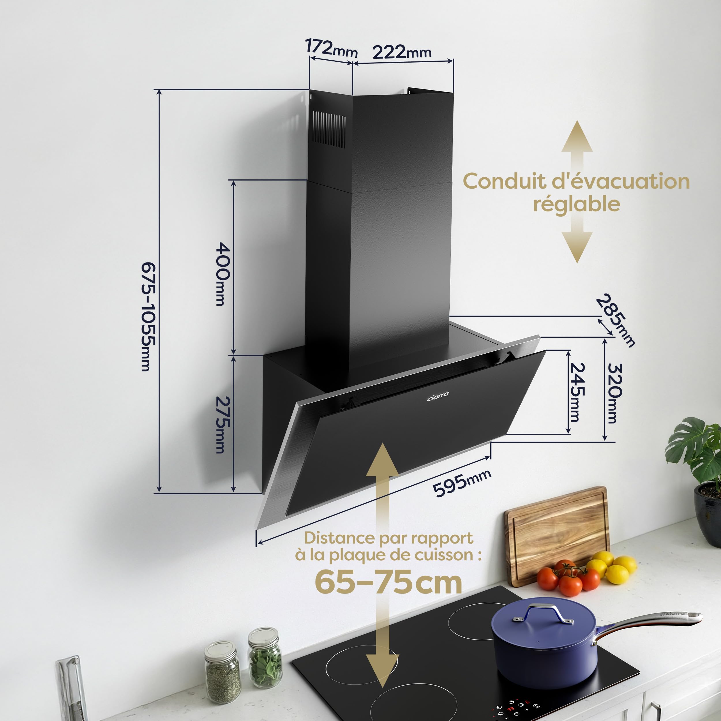 Ciarra Hotte Aspirante Inclinée 60cm 350m³/h Classe A++ Hotte de Cuisine Murale Noire