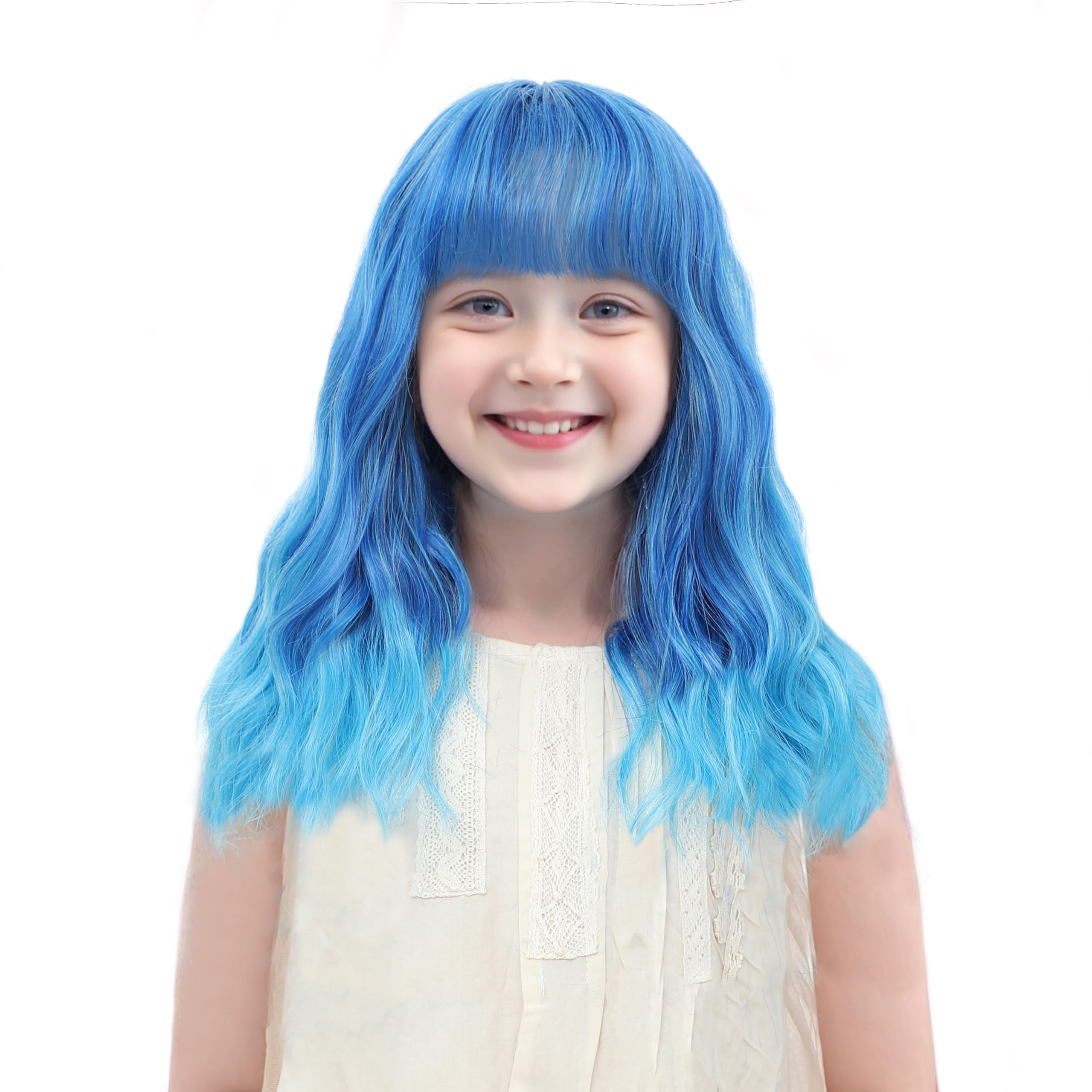BUPPLER Kids Light Blue Wig with Bangs 14 Inch Halloween Cosplay Wigs for Kids Girls Wavy Hair Synthetic Wig with Upgraded Strands,Shoulder Length Wigs for Costume Parties (14 Inch,Light Blue)