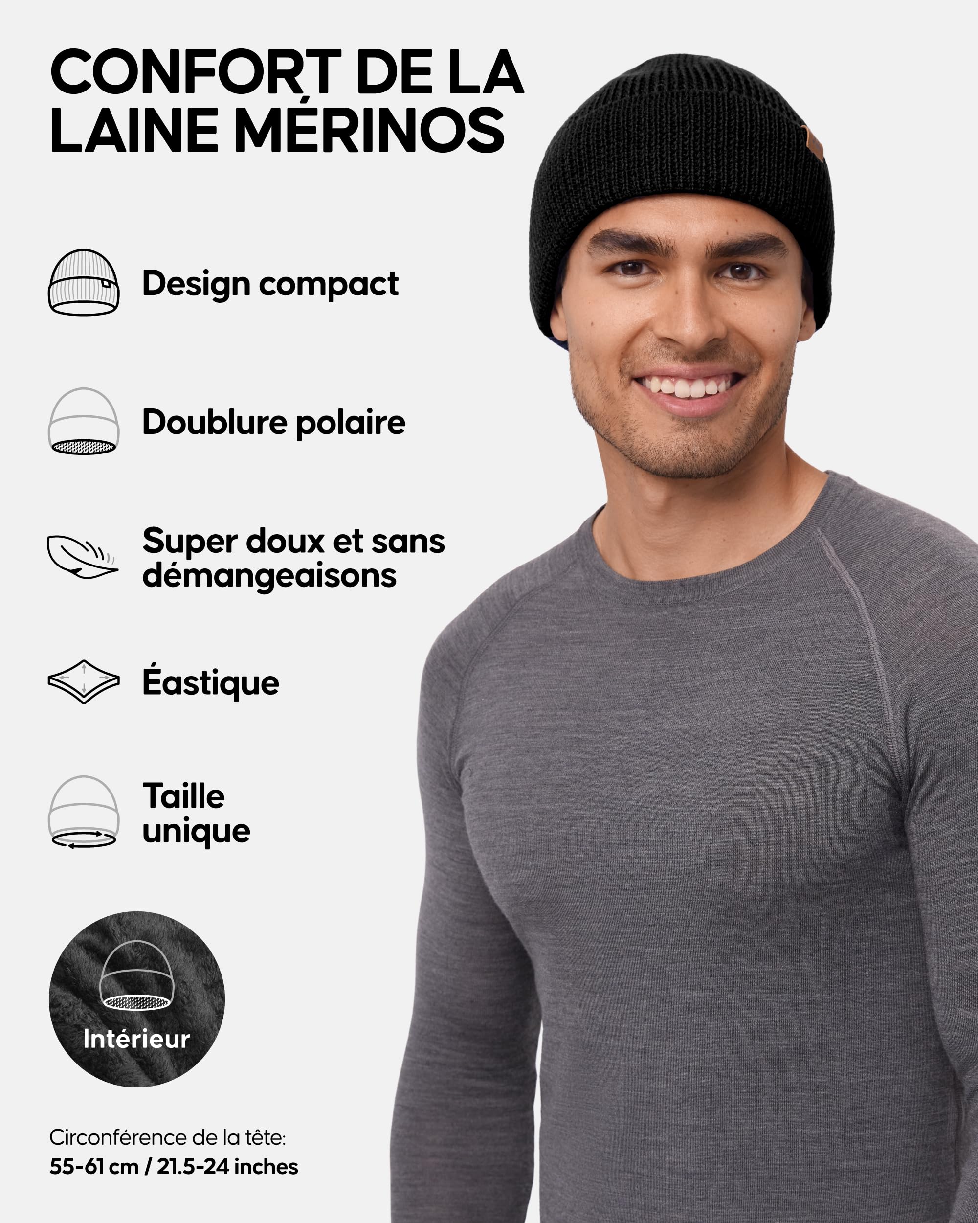 DANISH ENDURANCE Bonnet en Laine mérinos Chaud doublé Polaire pour l'automne et l'hiver, pour Hommes et Femmes, Bonnets Thermiques