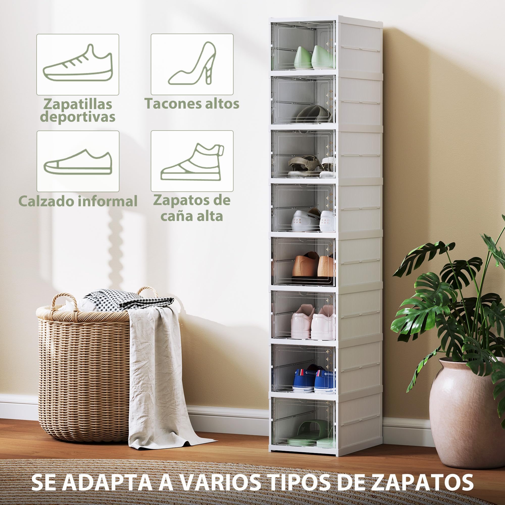 HOMCOM Cajas para Zapatos Apilables, Juego de 8 Organizadores para Zapatos Portátil, Zapatero Plegable con Puertas Transparentes, hasta Talla 43, No Requiere Montaje, Blanco