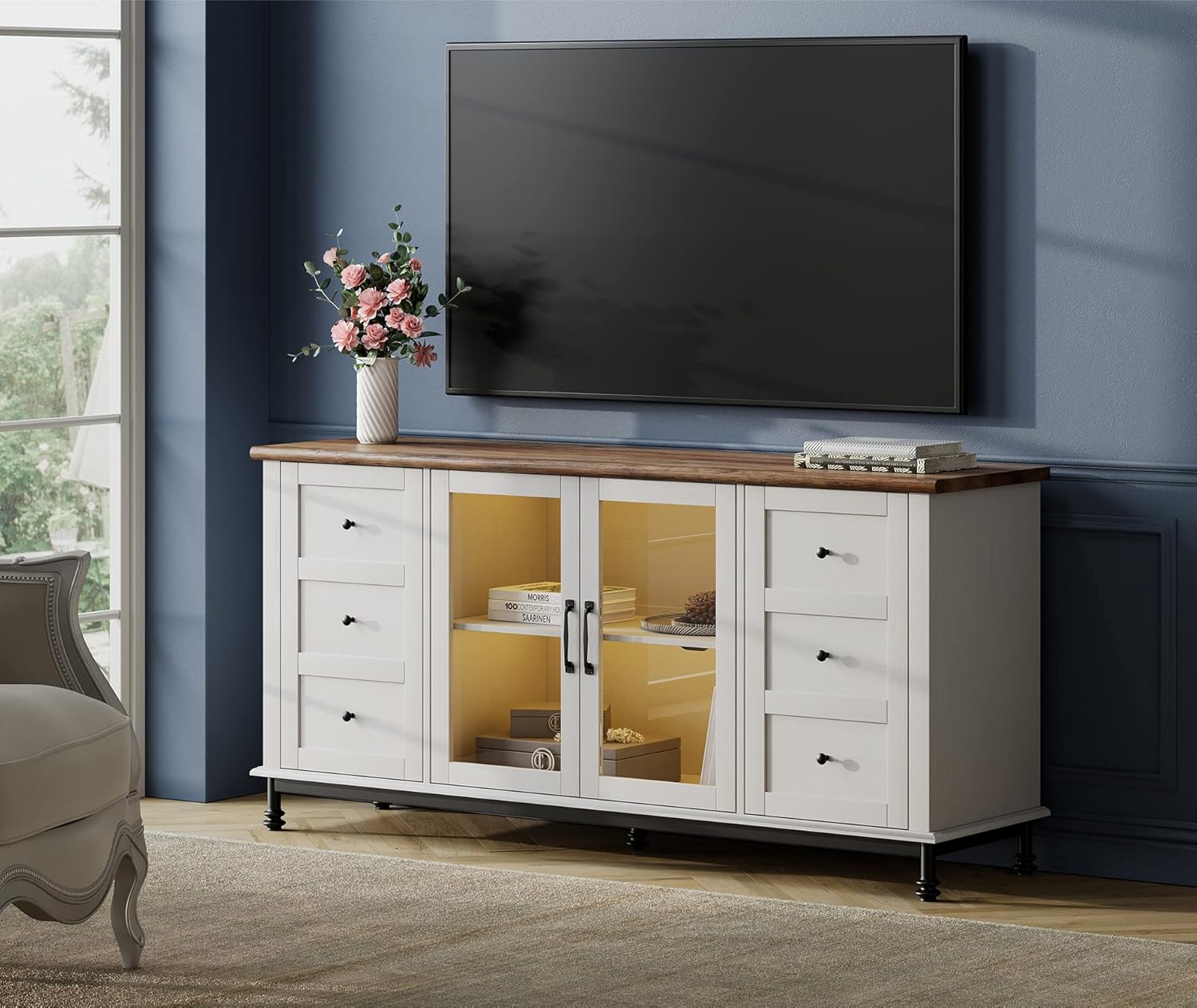 WAMPAT Farmhouse Yellow Light TV Stand for TVs Up to 75 inch,Glass and Wood Universal TV Stand,White Entertainment Center for 60-75 inch TV Console Table