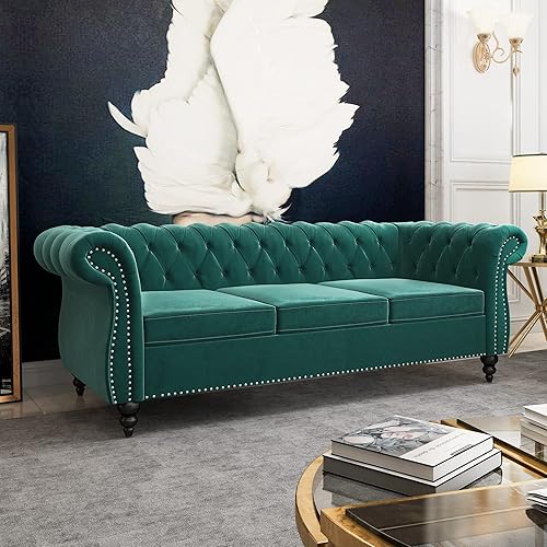 QHITTY Accent Large Sofa, Chesterfield Couch 3 Seater Modern Velvet Couch Upholstered Sofa with Tufted Back for Living Room Furniture (Green)