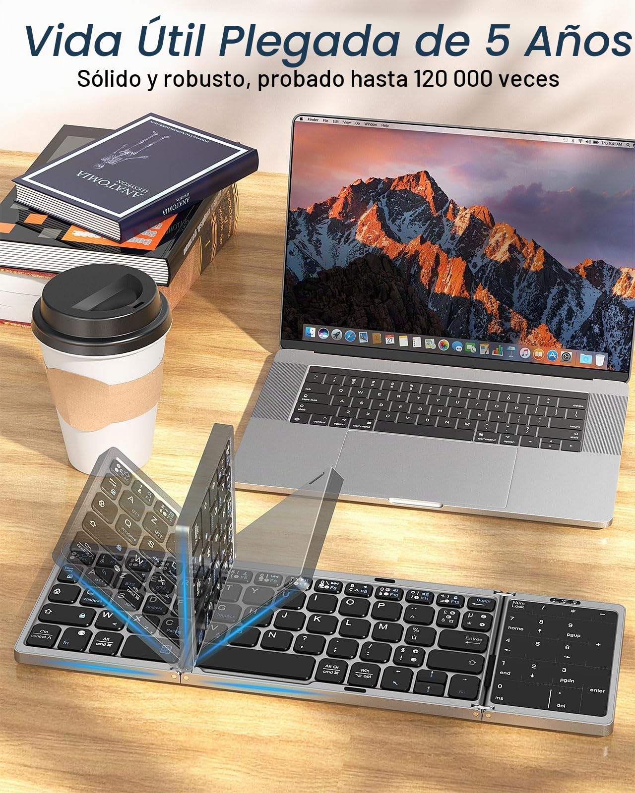 Teclado Bluetooth Plegable, Francés AZERTY, Teclado Portátil Inalámbrico | Plegable con Touchpad y Teclado Numérico, Teclado Recargable Multi Dispositivo para Windows, iOS, Android Tablet/Teléfono