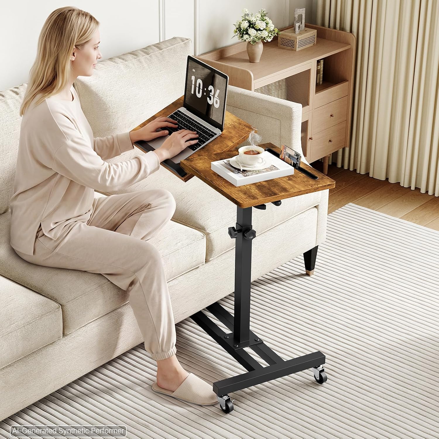 YATINEY Overbed Table with Wheels, Bedside Laptop Desk, Height Adjustable