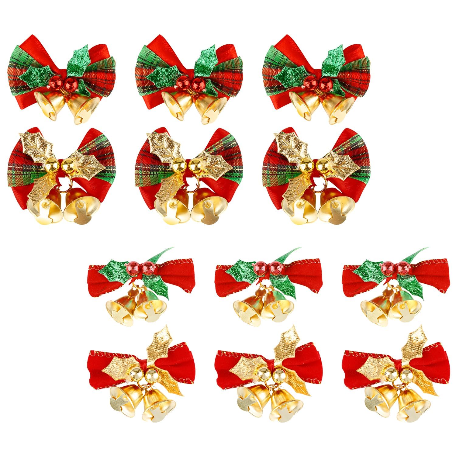 Rumyve Red, Green, Gold 12Pcs Mini Bow With Bells,Christmas Bowknot Craft Present Ornament,Tree Bell Hanging Decoration For Christmas Party Wreath Craft Gift Decorations
