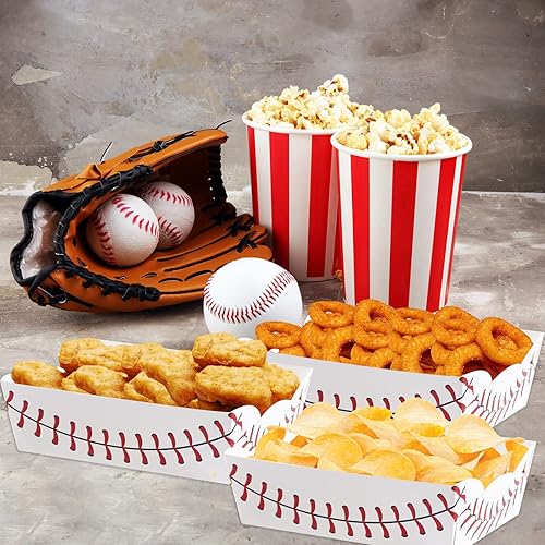 Miniatura 5 de 50 bandejas de papel para fiesta de béisbol, suministros temáticos de béisbol, soporte para aperitivos y dulces, bandeja para servir para