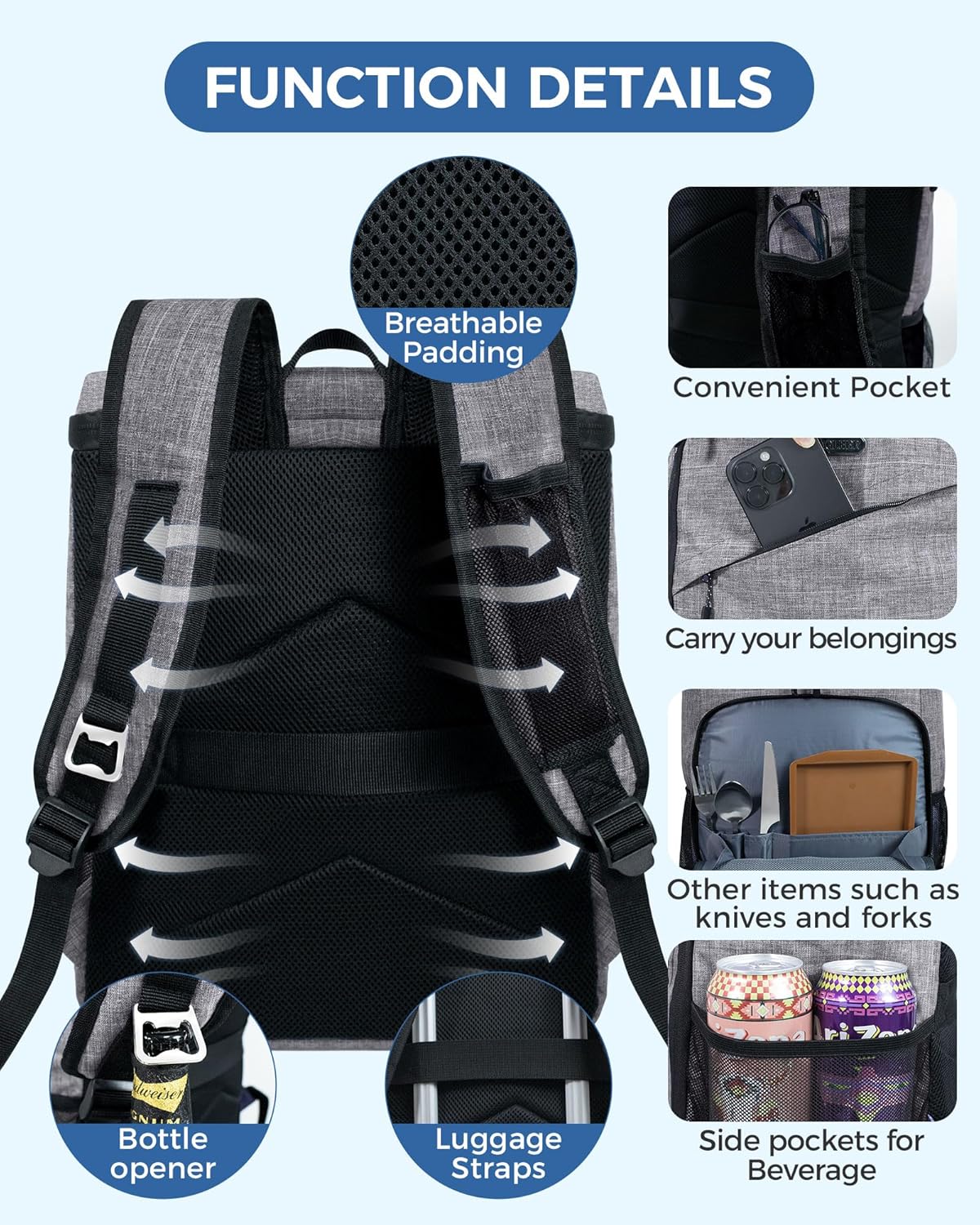 BAGLHER Lightweight Insulated Cooler Backpack - 30 Cans, Leak-Proof for Lunch, Picnic, Hiking, Camping Trips