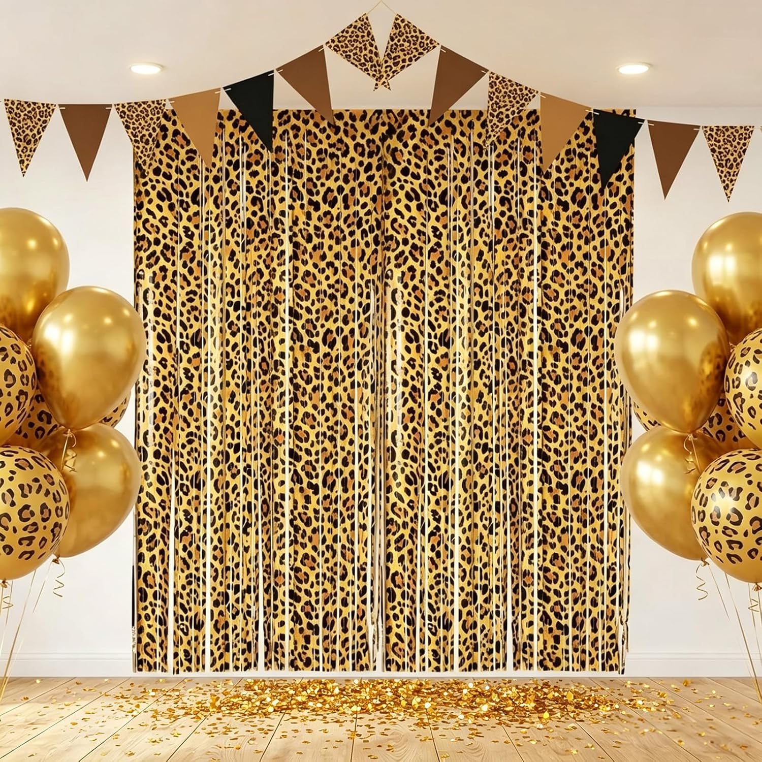 2 Pack Cheetah Print Backdrop, Leopard Party Decorations, Jungle Safari Cheetah Curtains with Fringe, 3.3×6.6ft Foil Backdrop for Cheetah Print Birthday & Graduation, Photo Booth & Party Entrance