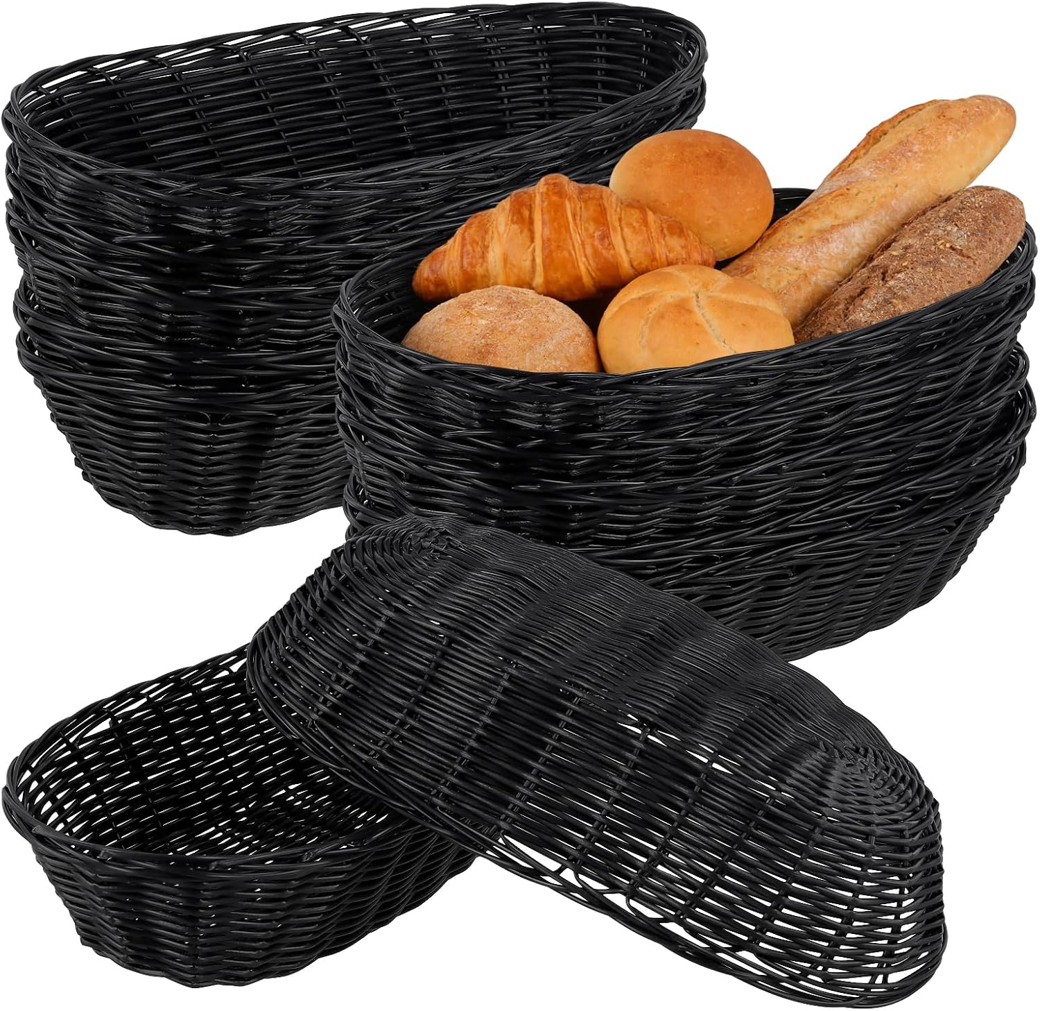 12 Pack Plastic Oval Basket, 12x6x2.36 Inch Black Wicker Bread Basket Woven Bread Baskets Food Serving Baskets for Home, Kitchen, Restaurant