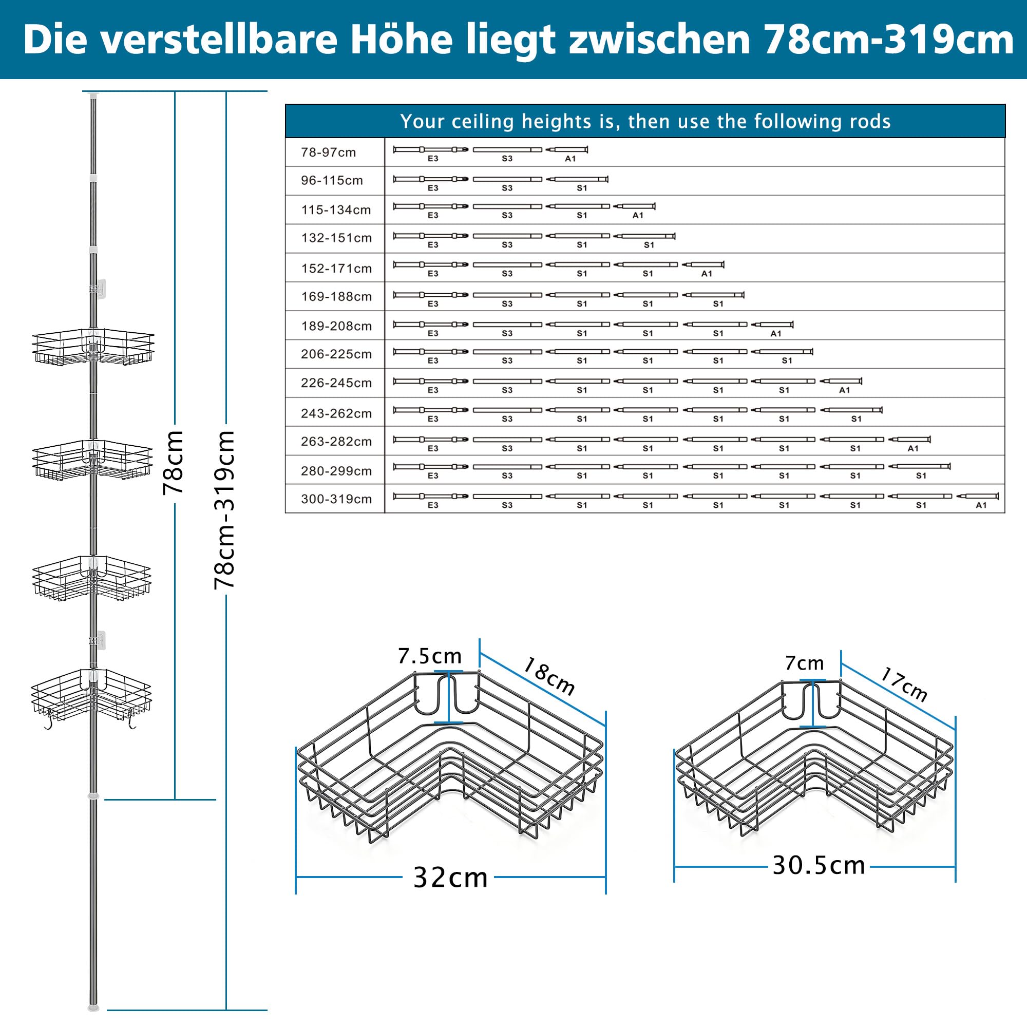 Duschablage ohne Bohren Teleskop Duschregal Metall Eckregal Badregal mit 4 Duschkörben, Höhenverstellbar 85-325cm, geeignet für Badewanne Badezimmer und Küche, Grau