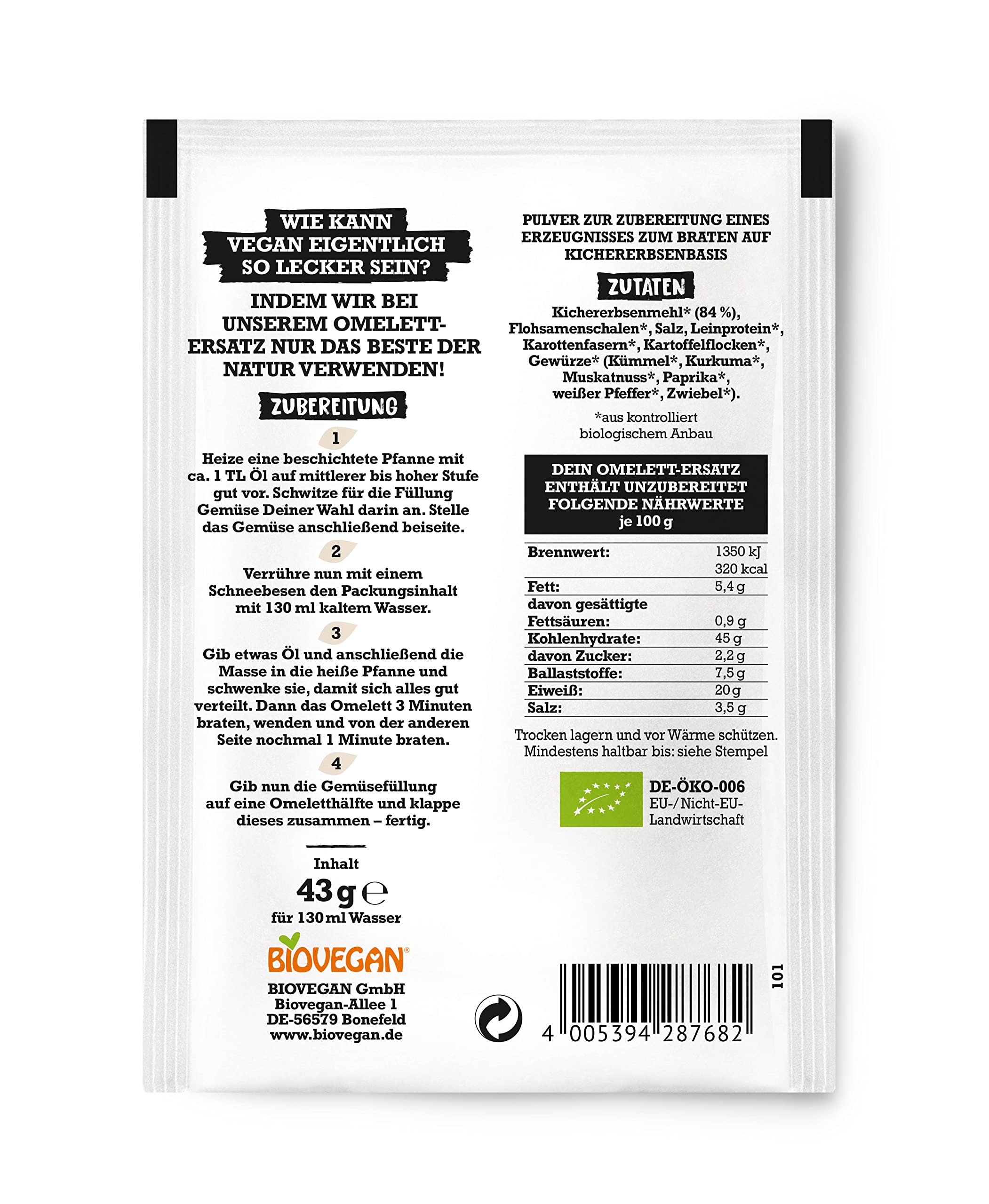 Biovegan Mein Omelett-Ersatz, pflanzlicher Ei Ersatz aus Kichererbsen, ideal für leckere Omeletts oder Spätzle, glutenfrei und vegan, 15 x 43 g (645 g)