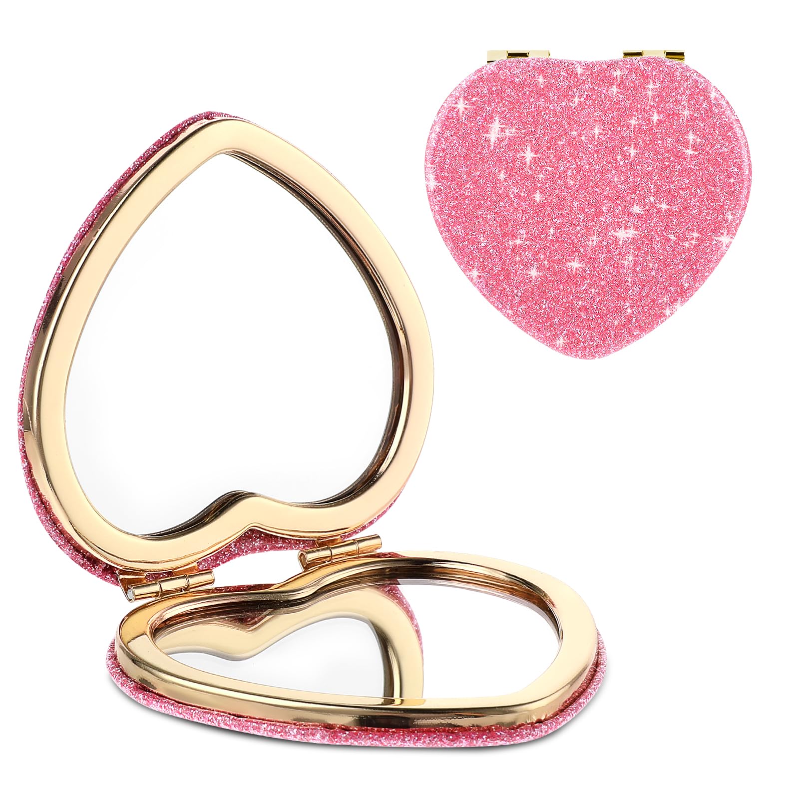 Compact Folding Mirror Heart Shaped Magnifying Mini Vanity Mirror Portable Travel Makeup Mirror for Purse Double-Sided Cute Glitter Cosmetic Mirror for Women Home Office Valentine's Day