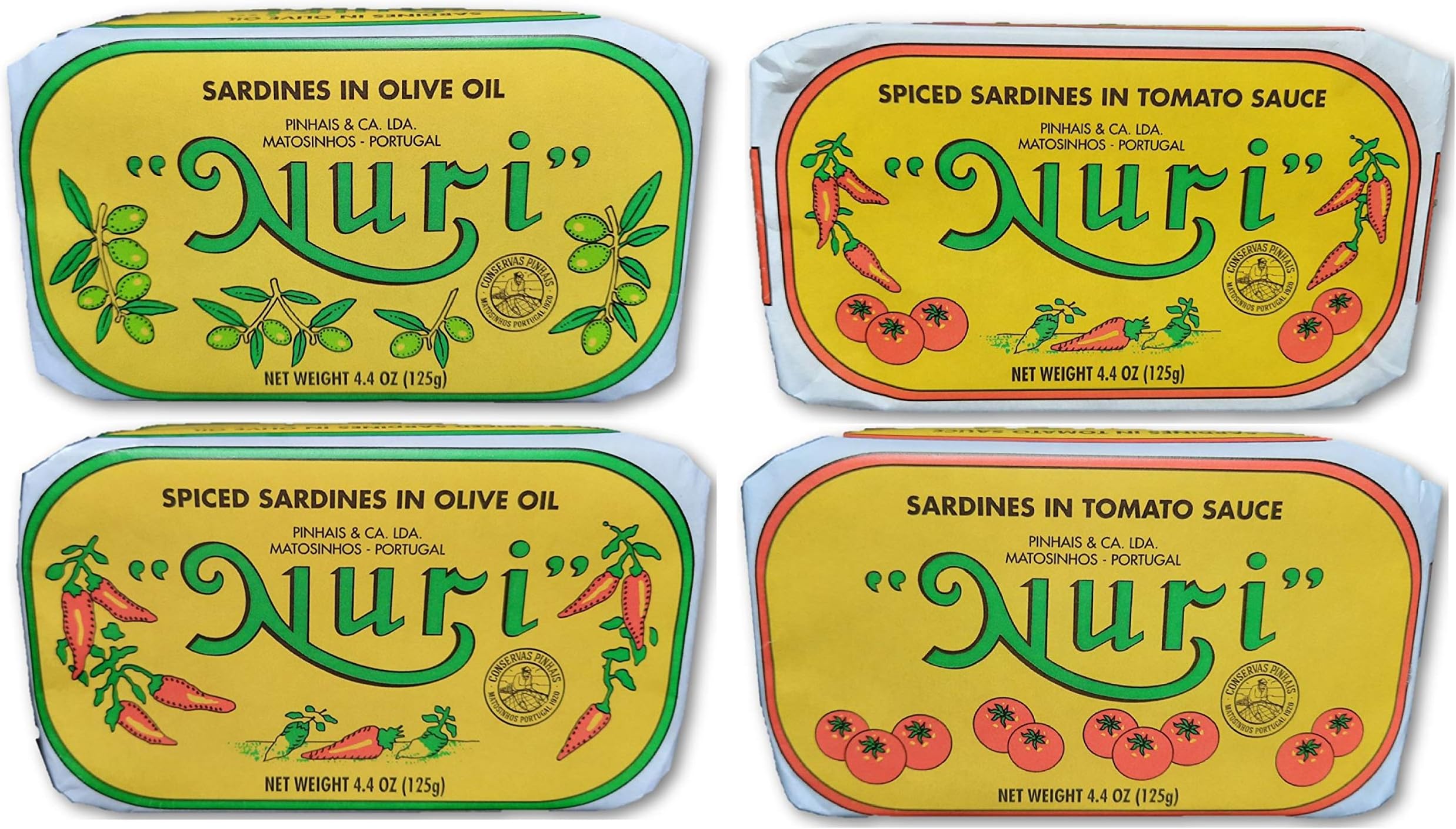 NURI Portuguese Sardines Variety Pack | 4 Pack Bundle | One of Each | Pure Olive Oil, Spiced Pure Olive Oil, Tomato and Olive Oil AND Spiced Tomato and Olive Oil