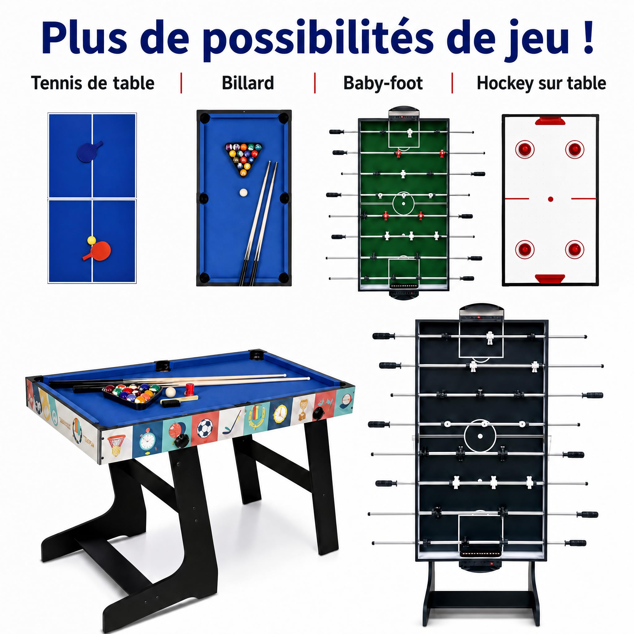 HLC Table multijeux 4 en 1, intégrant BabyFoot, Billard, ping-Pong et air Hockey,Idéal pour Les Adultes et Les Enfants, il constitue Le Cadeau Parfait