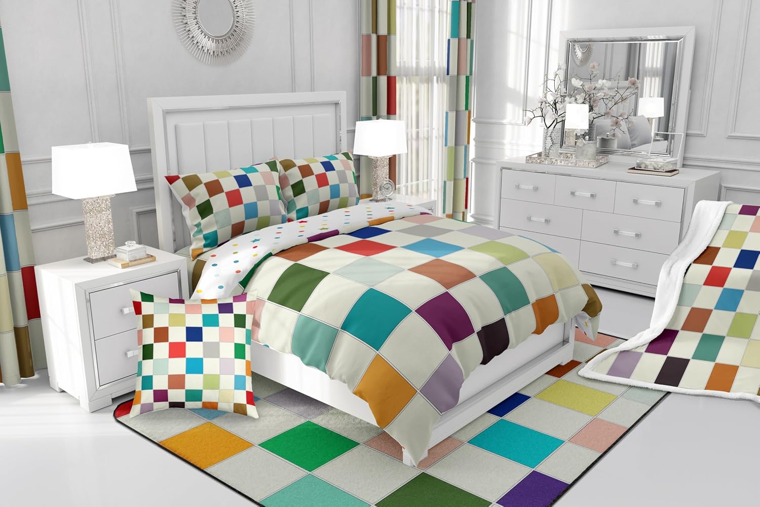 Erosebridal Kids Rainbow Checkered Comforter Set Twin Colorful Plaid Grids Bedding Set Funky Checkerboard Quilt Set for Boys Girls Teen Geometric Gingham Duvet Set Modern Aesthetic Room Decor