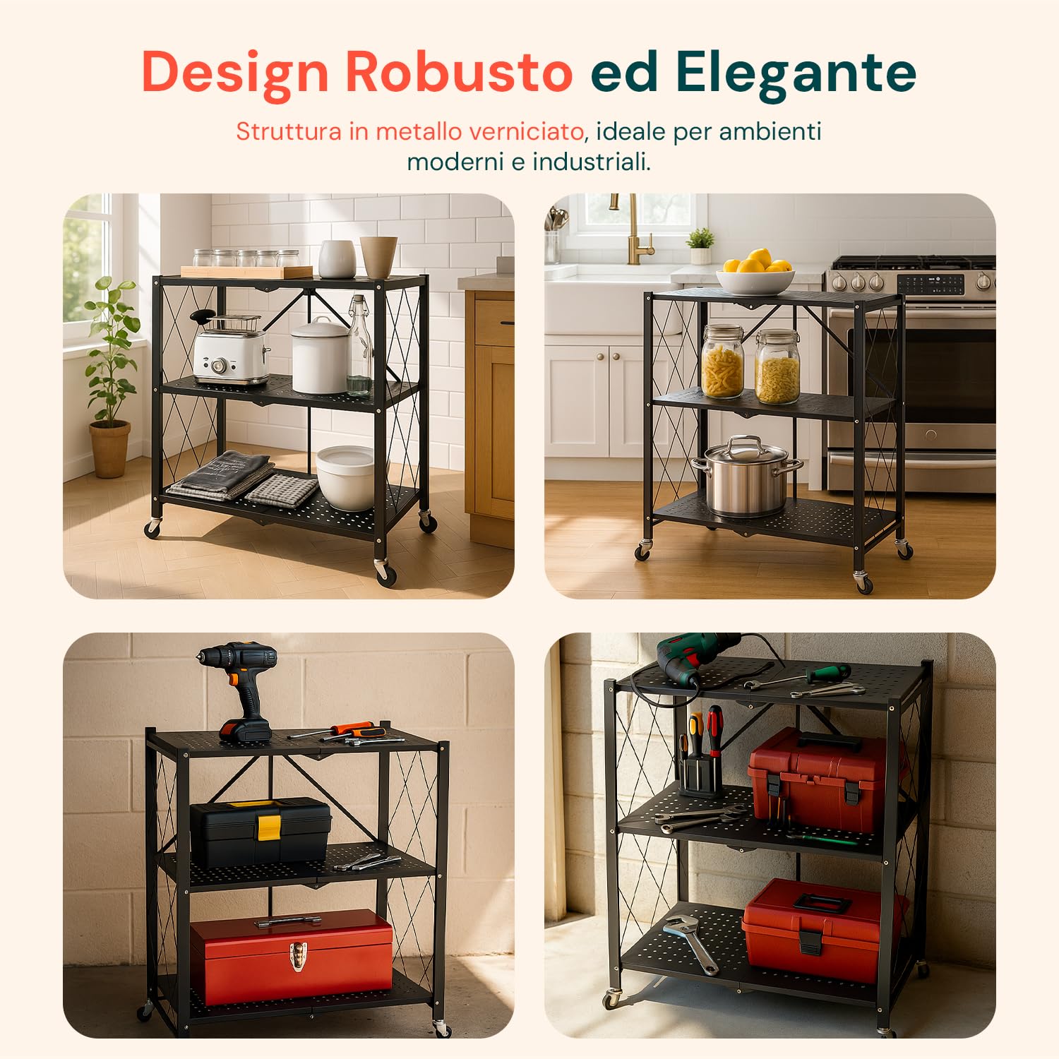 Avilia - Scaffale Richiudibile 3 Ripiani in Metallo Verniciato Nero, Stile Industriale Moderno, Pieghevole Senza Viti, Ideale per Casa, Ufficio, Cucina e Garage