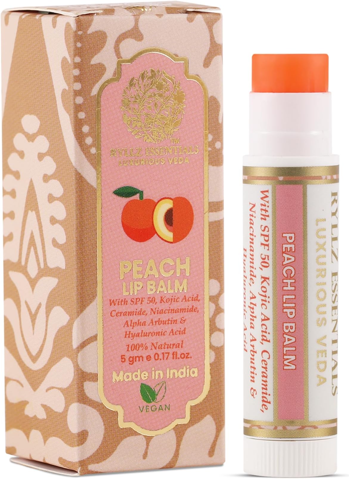 RYLLZ ESSENTIALS Peach Lip Balm | SPF 50 PA+++ | With Shea Butter, Kojic Acid, Ceramide, Niacinamide, Alpha Arbutin & Hyaluronic Acid | Peach Tint | For Lip Lightening & Moisturized Lips | 5 Gm