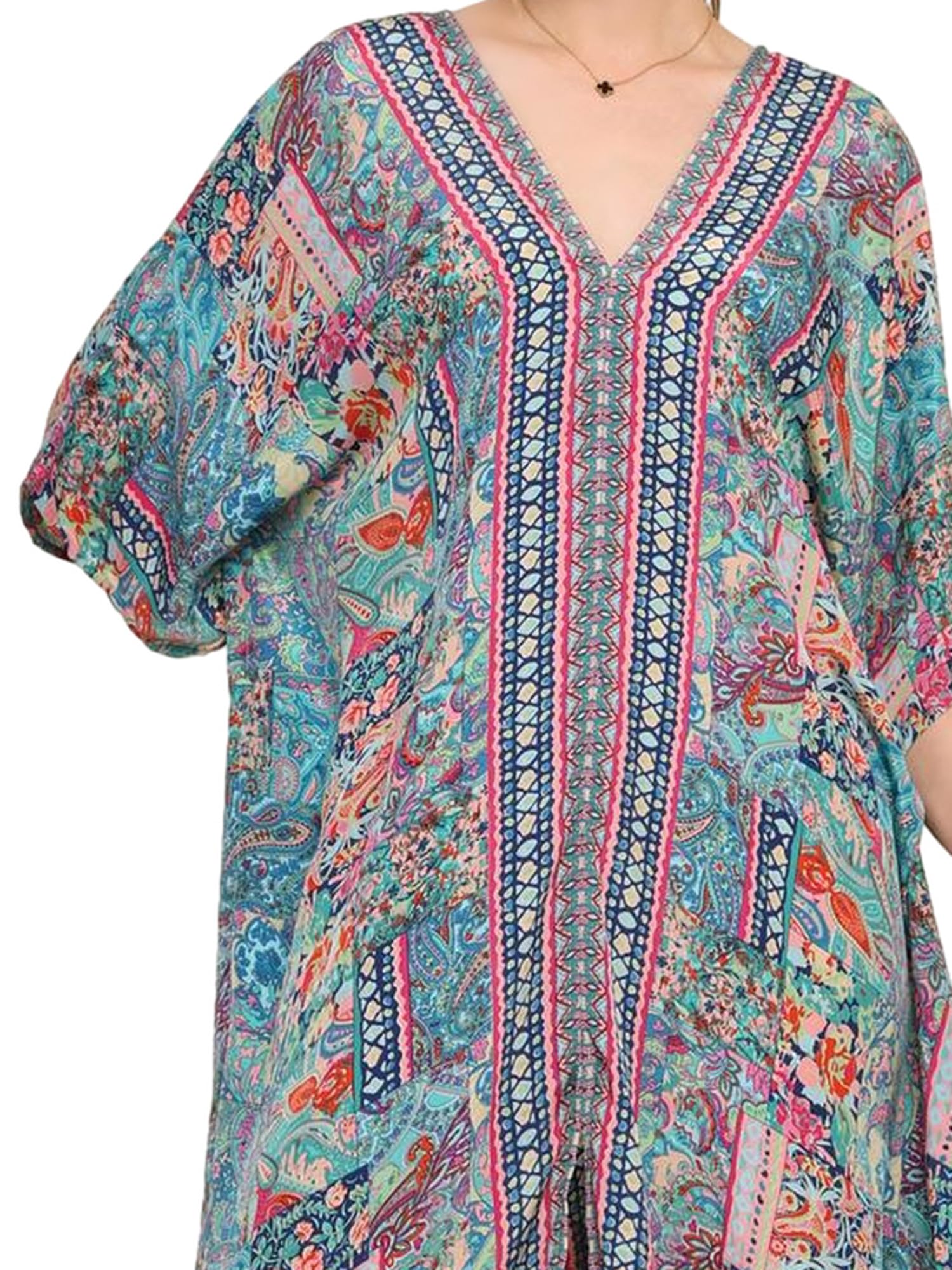 KE KANHA EXPORTS Long Kaftan for women's & girls unique border design and tassel stretchable adjustable drawstring free size western kaftan fit flared floral all seasons-1213 - Image 5 thumbnail