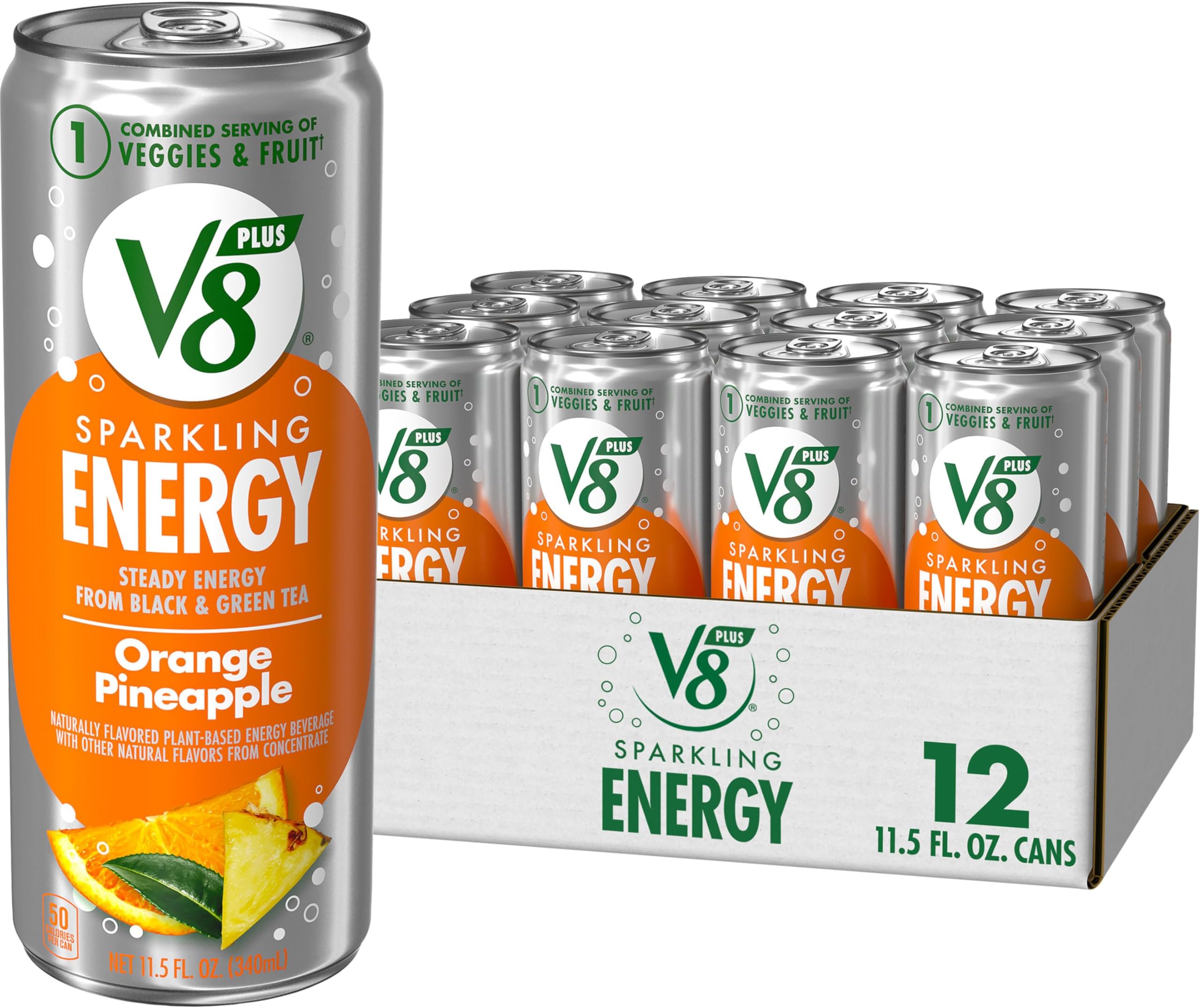 V8 +Energy Sparkling Orange Pineapple Juice Energy Drink, 11.5 fl oz Can (12 Pack)