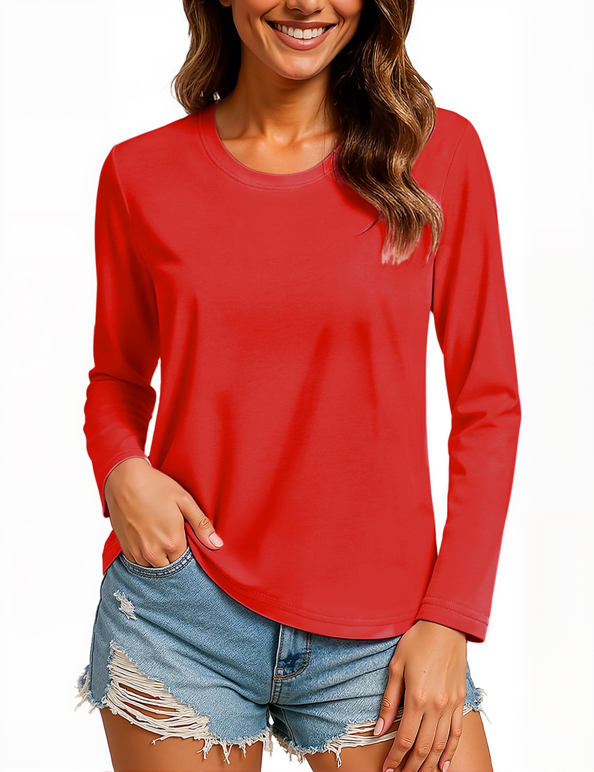 TACVASEN Langarmshirt Damen Baumwolle Freizeit Rundhals Oberteil Tshirt | Langarmshirt Rundhals Shirt, weich, atmungsaktiv, Regular Fit